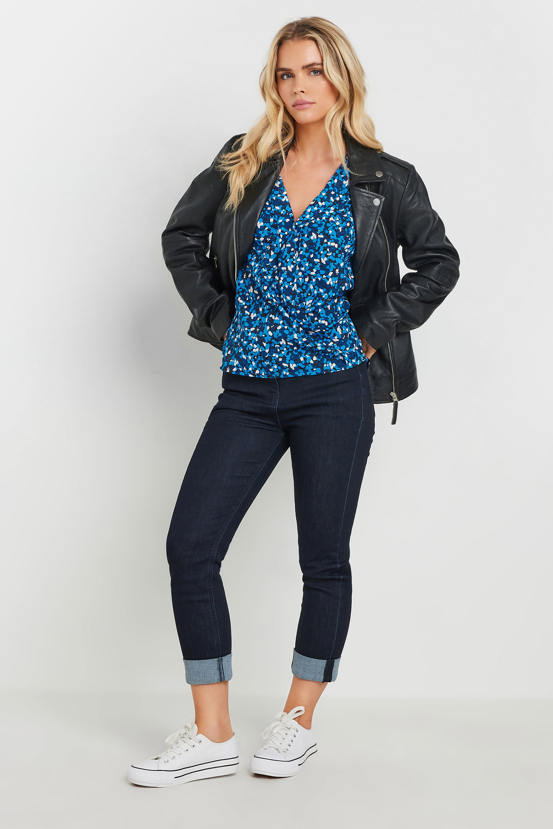 M&Co Petite Blue Spot Print Short Sleeve Wrap Blouse | M&Co 1