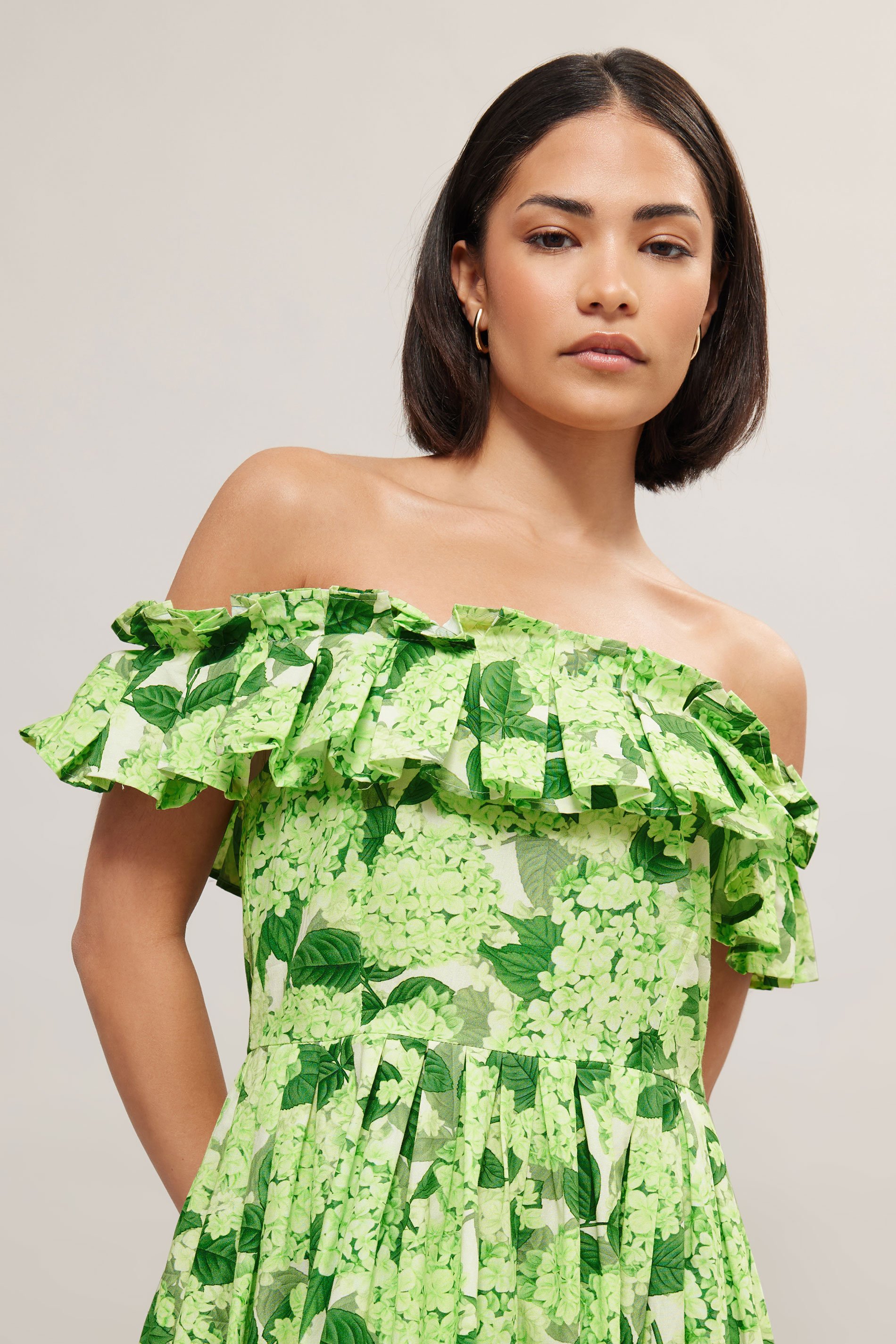 PixieGirl Petite Women's Green Floral Ruffle Bardot Midi Dress | PixieGirl 3