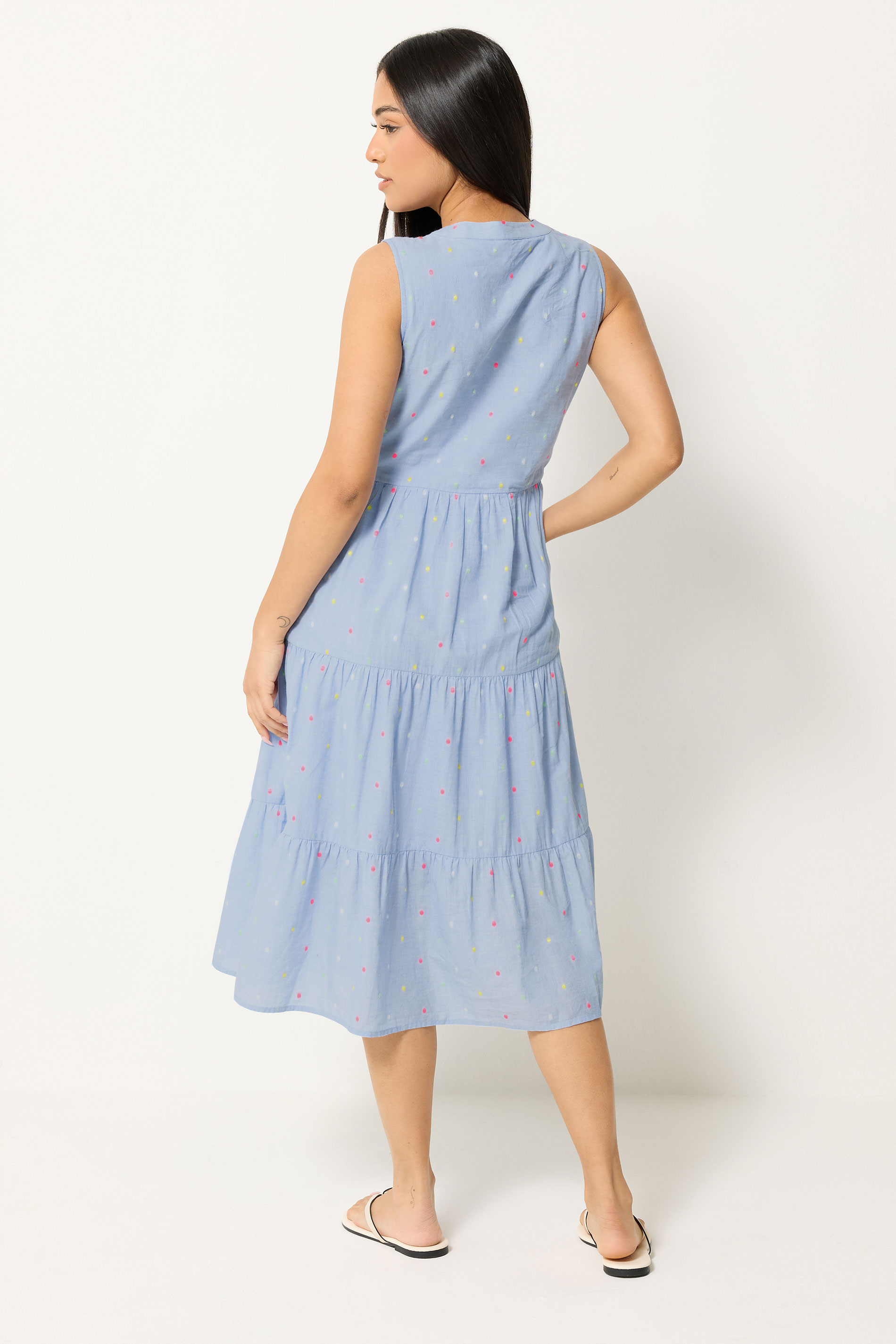 M&Co Petite Light Blue Dobby Tiered Cotton Midi Dress | M&Co 2