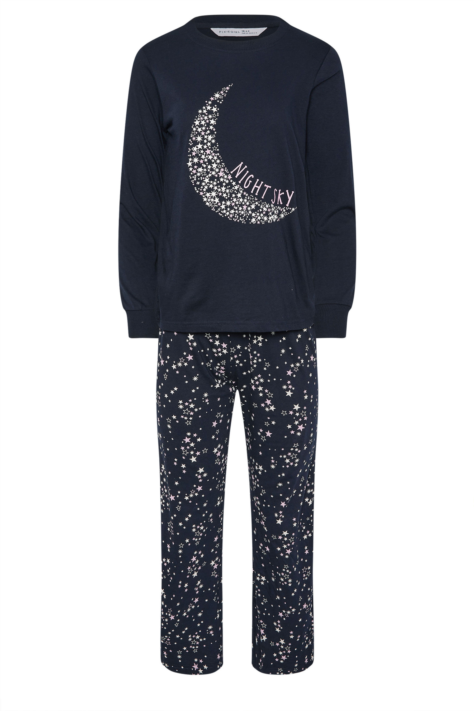 PixieGirl Petite Women's Navy Blue 'Night Sky' Slogan Wide Leg Pyjama Set | PixieGirl 5