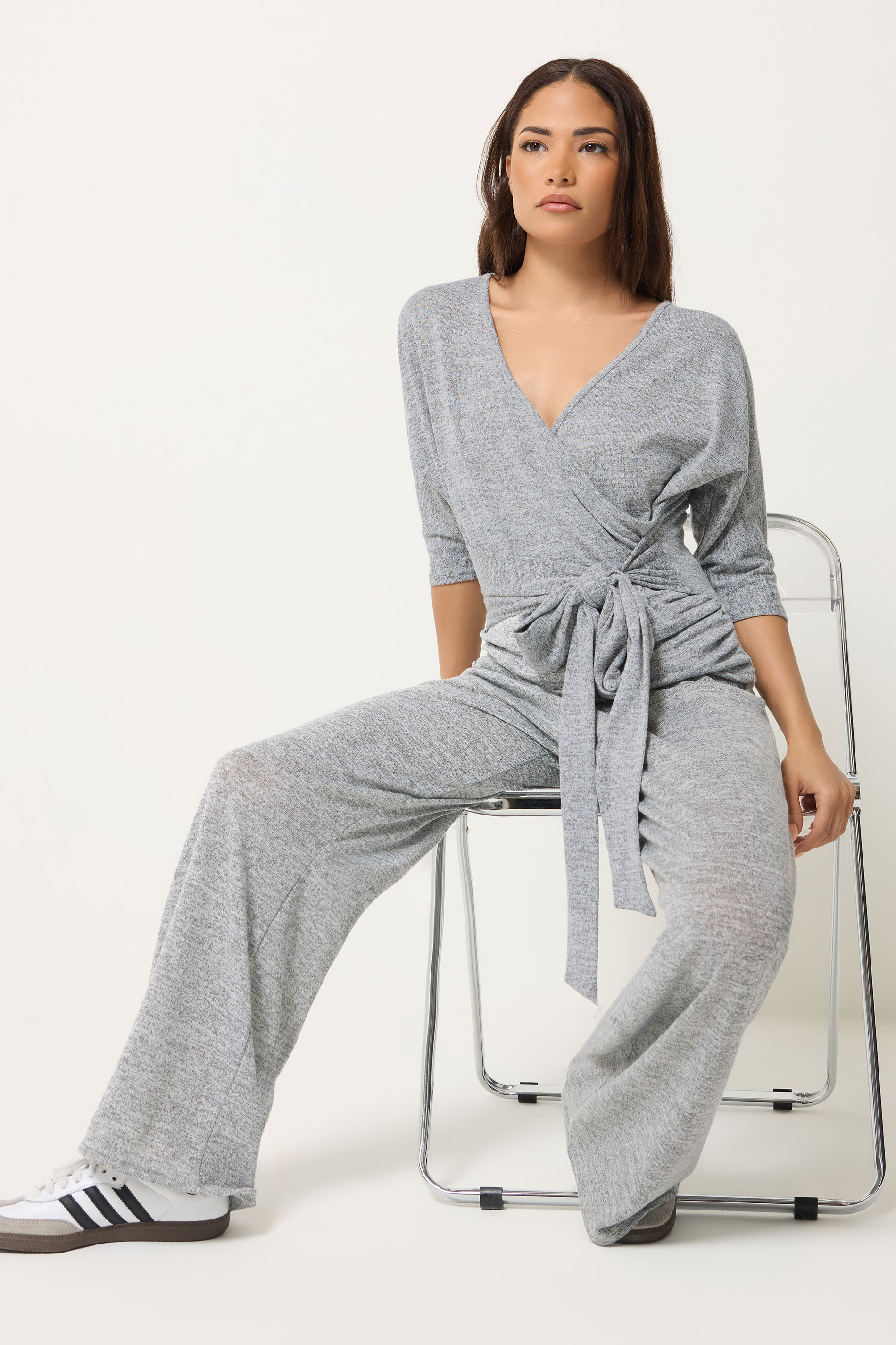 Pixiegirl Women's Grey Petite Set Marl Wrap Top & Wide Leg Trousers Size 10
