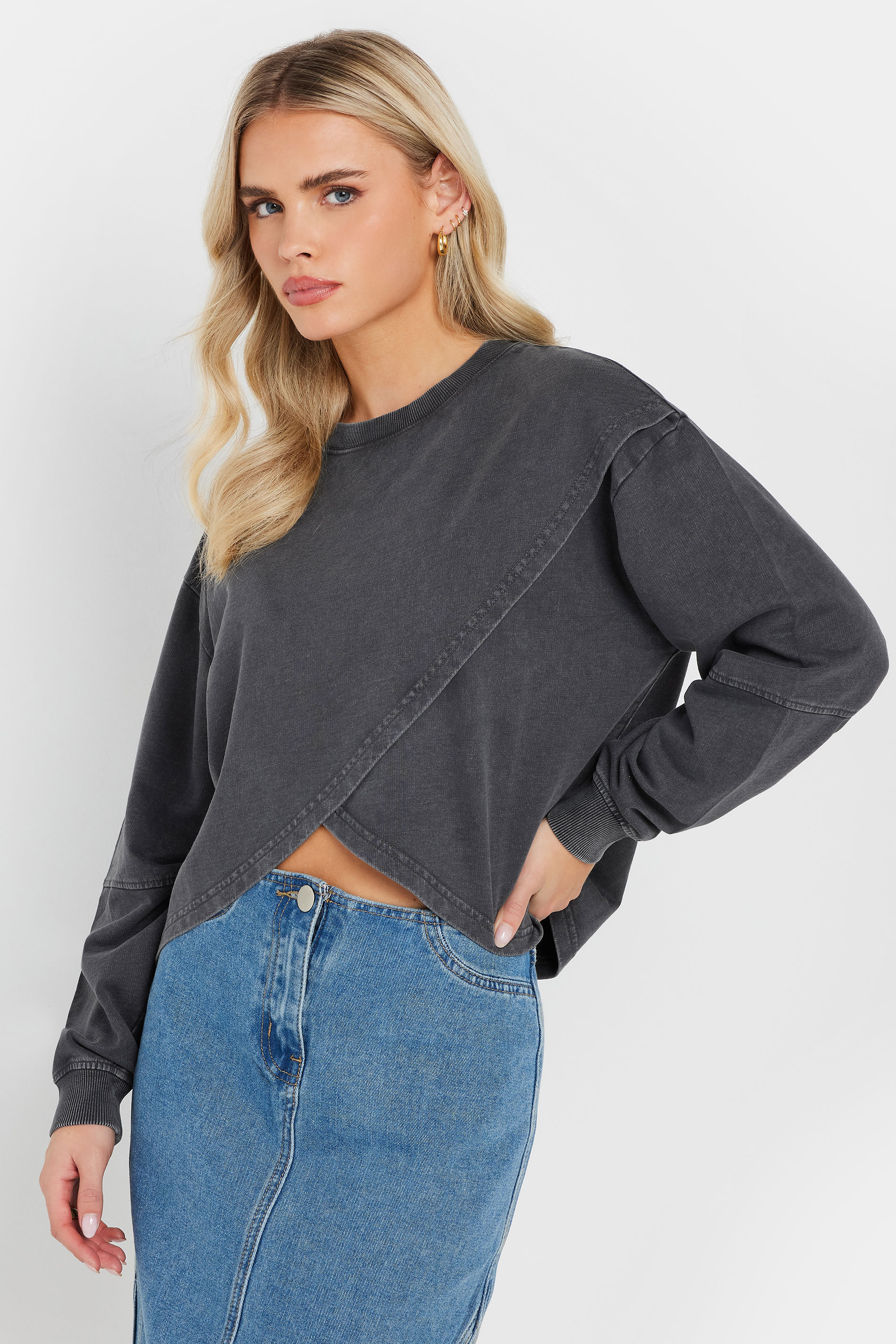 PixieGirl Petite Women's Grey Acid Wash Cross Over Sweatshirt | PixieGirl 1
