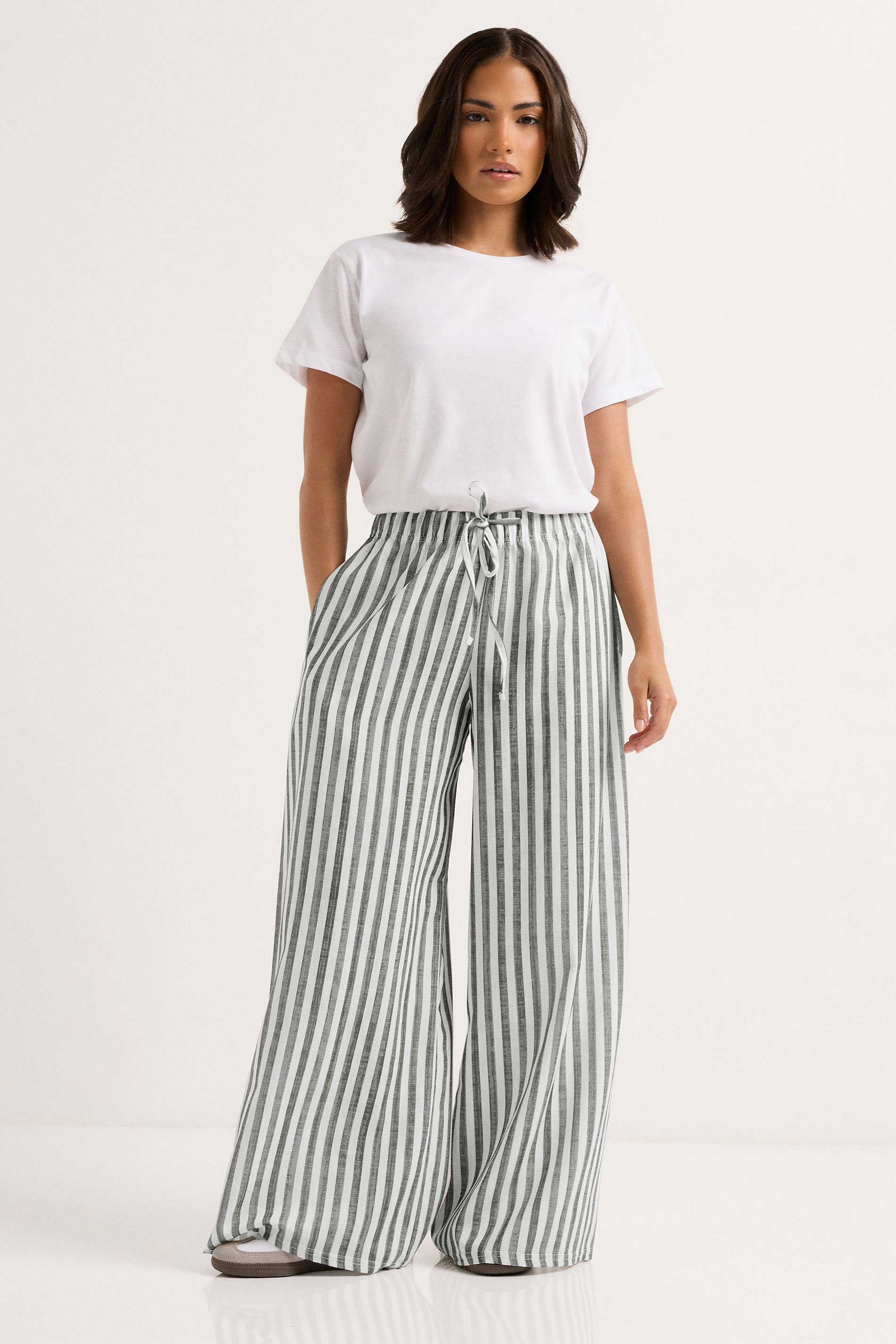 PixieGirl Petite Women's Grey Striped Wide Leg Trousers | PixieGirl 1