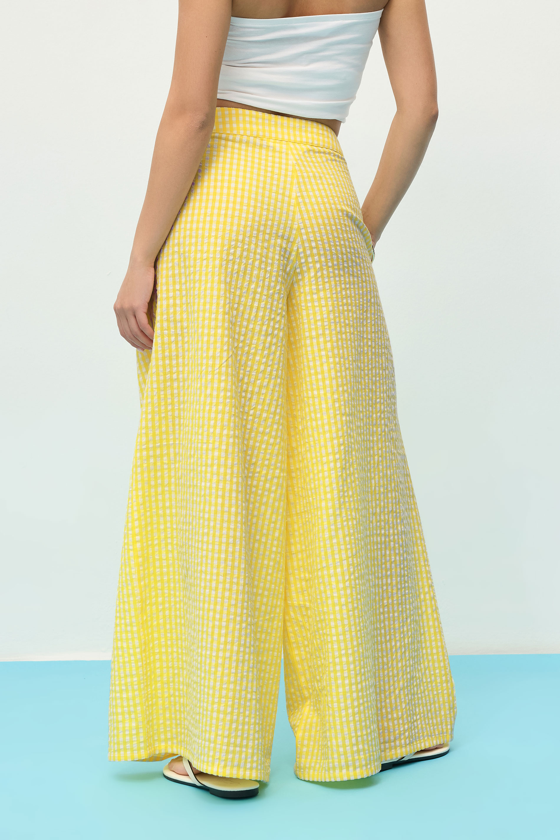 PixieGirl Petite Women's Yellow Cotton Gingham Palazzo Trousers | PixieGirl 4