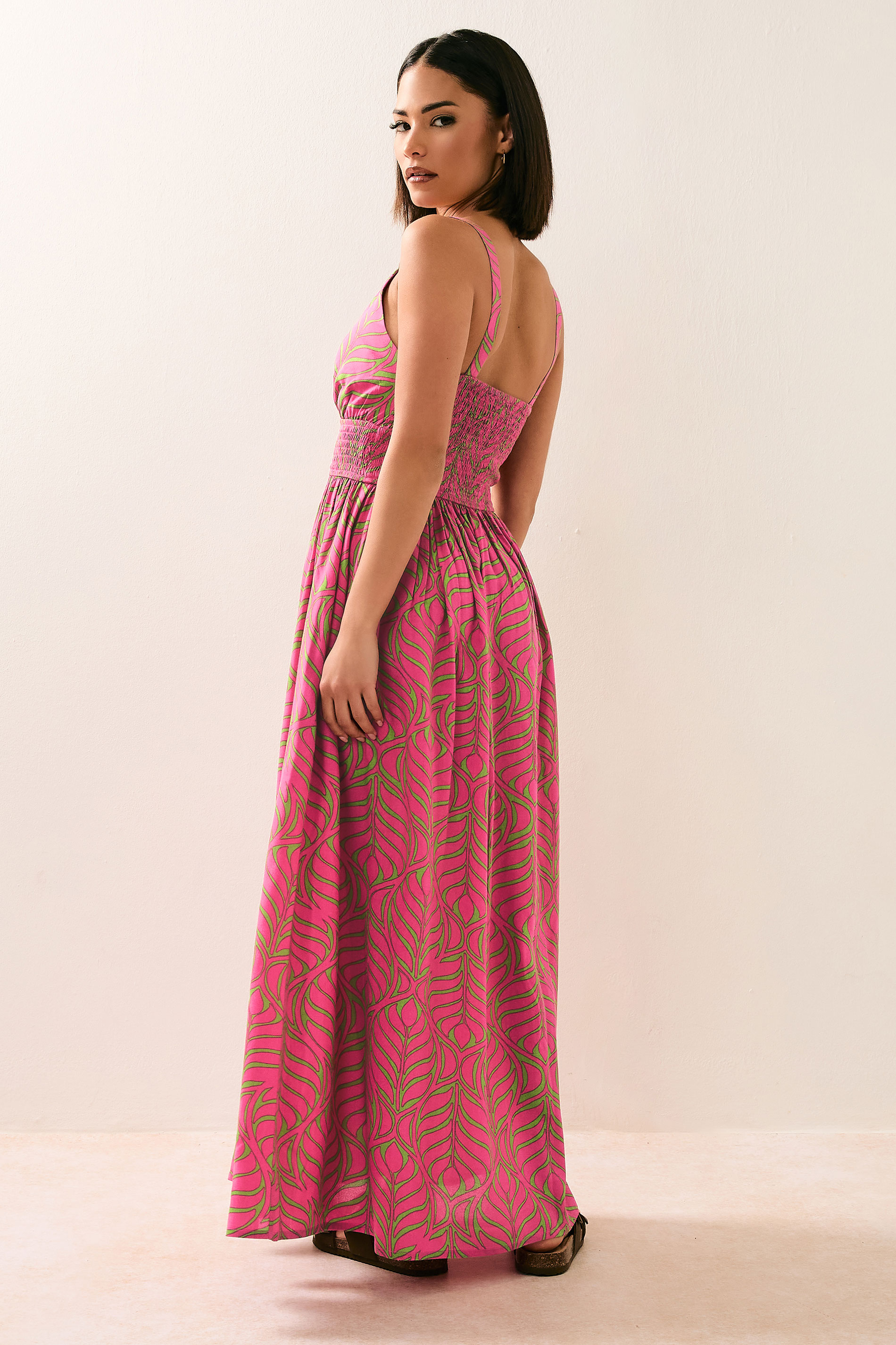 PixieGirl Petite Women's Pink Tropical Palm Wrap Maxi Dress | PixieGirl 3