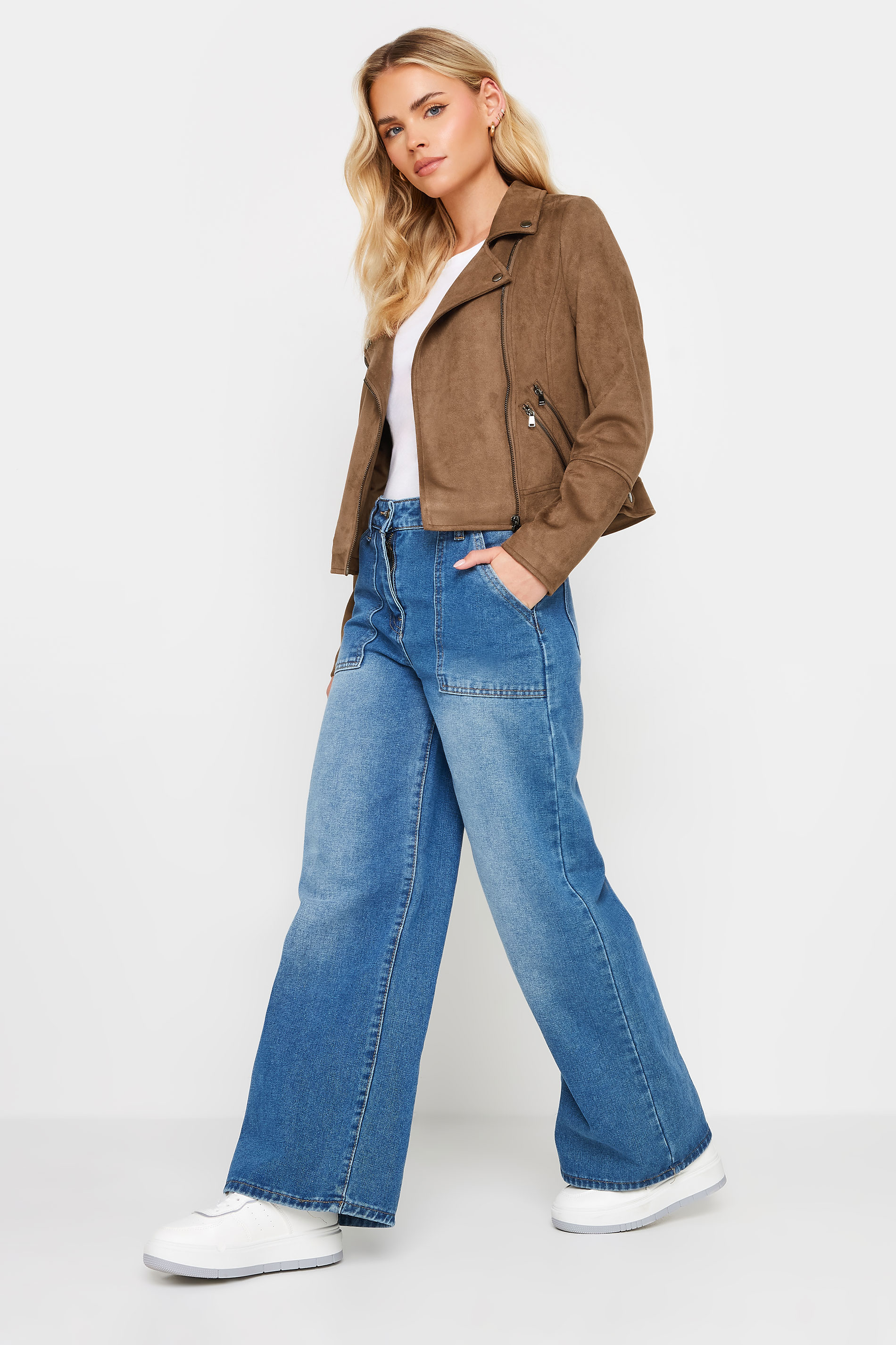 PixieGirl Petite Women's Tan Brown Faux Suede Biker Jacket | PixieGirl 2
