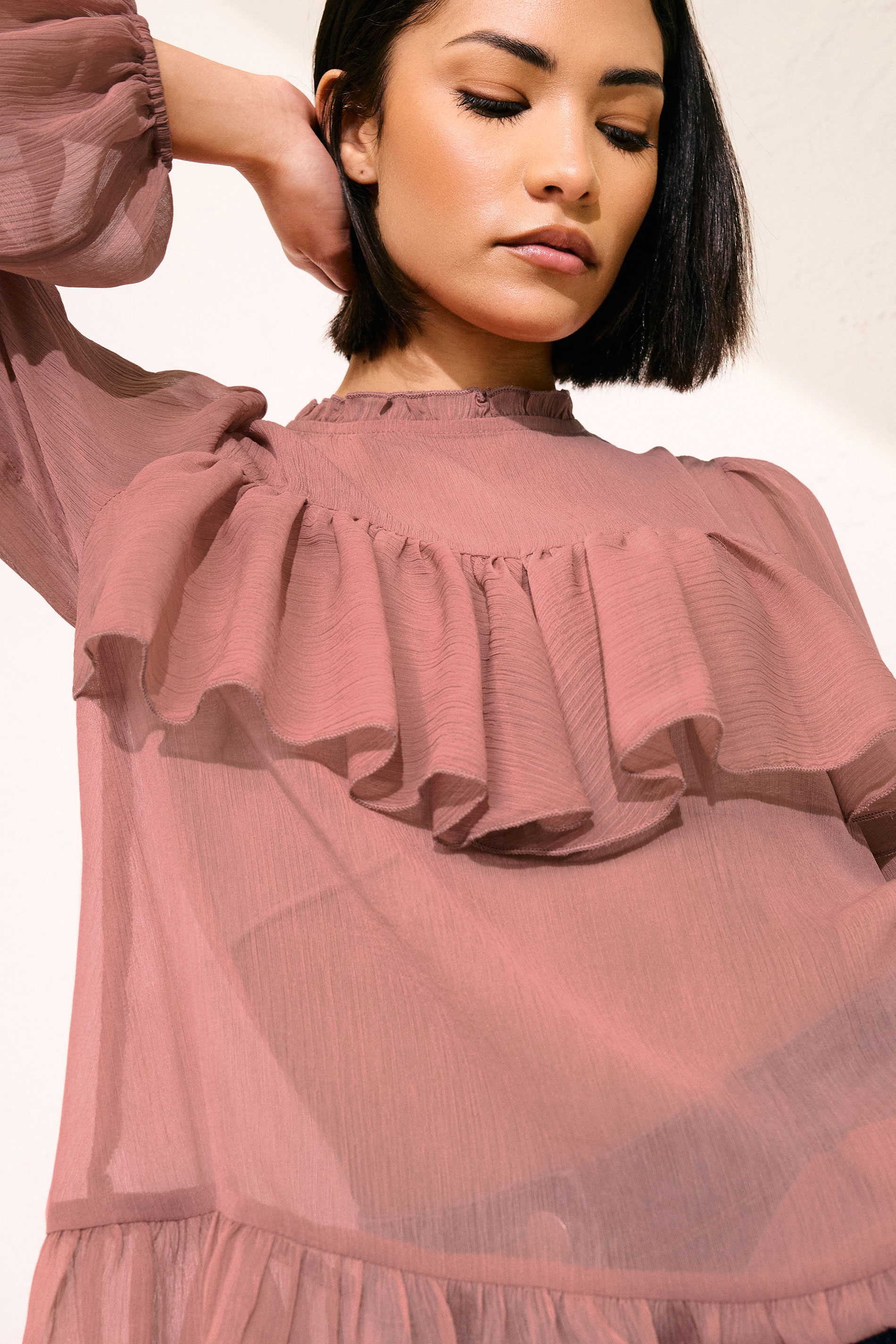 PixieGirl Petite Women's Coral Pink Chiffon Frill Blouse | PixieGirl 2