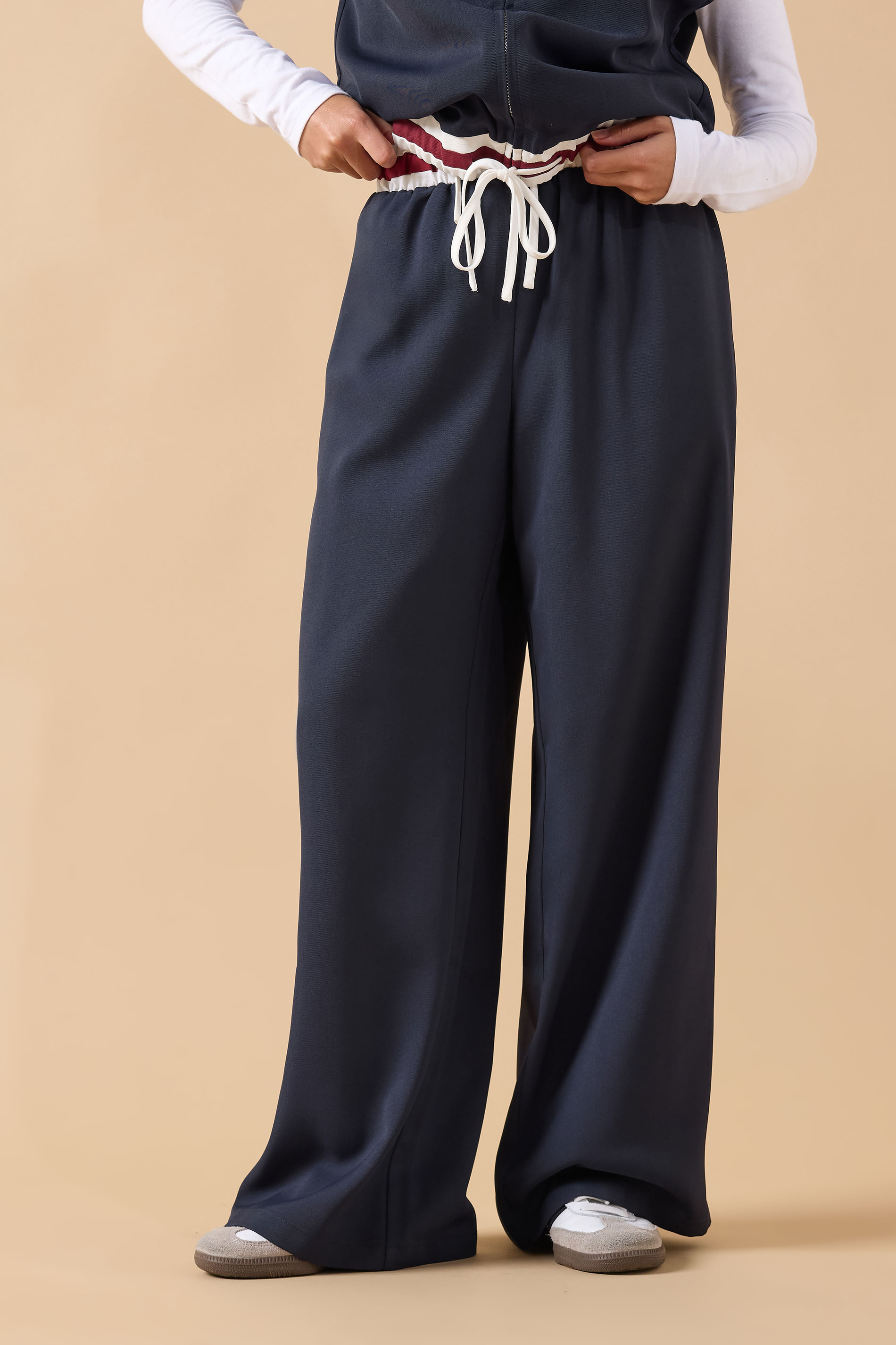 PixieGirl Petite Women's Navy Blue Contrast Waist Trousers | PixieGirl 2