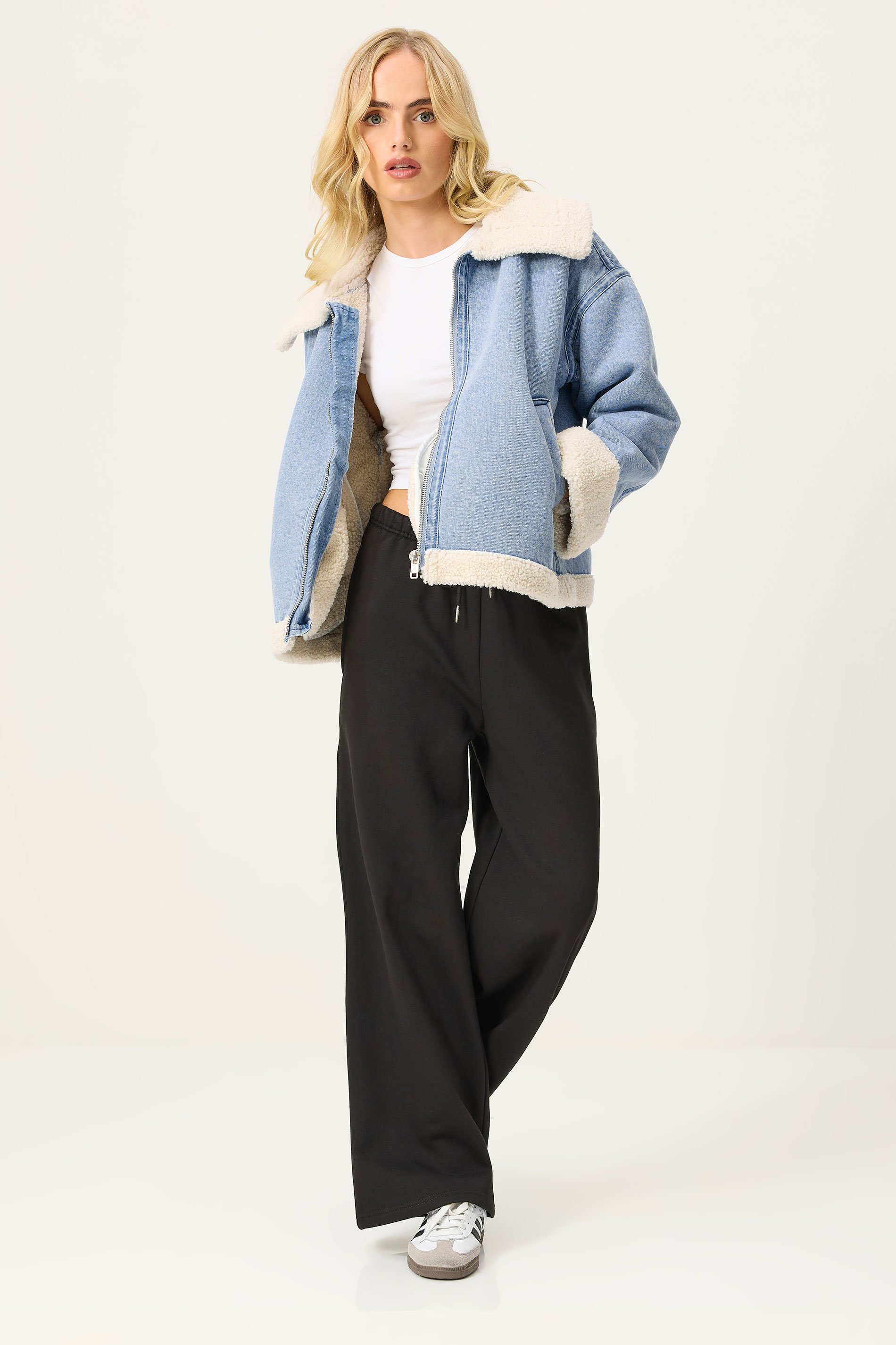 PixieGirl Petite Women's Light Blue Denim Borg Zip Jacket | PixieGirl 2