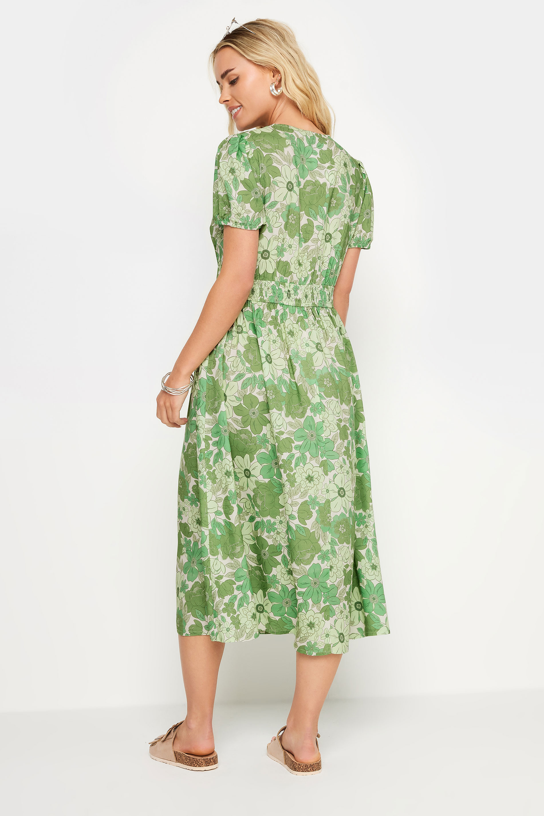 PixieGirl Green Retro Floral Print Midi Dress | PixieGirl 3