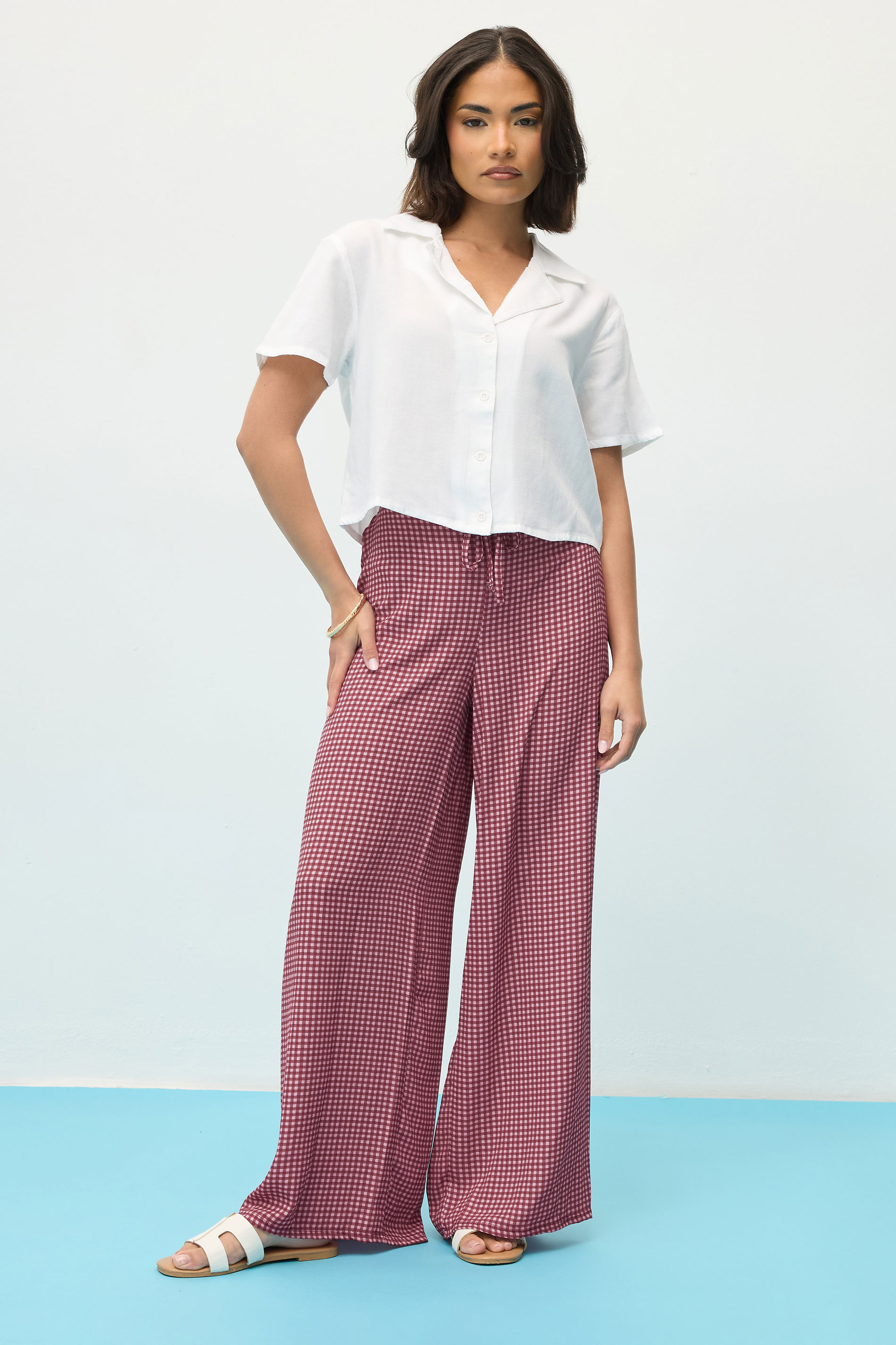 PixieGirl Petite Women's Pink Gingham Wide Leg Trousers | PixieGirl 1