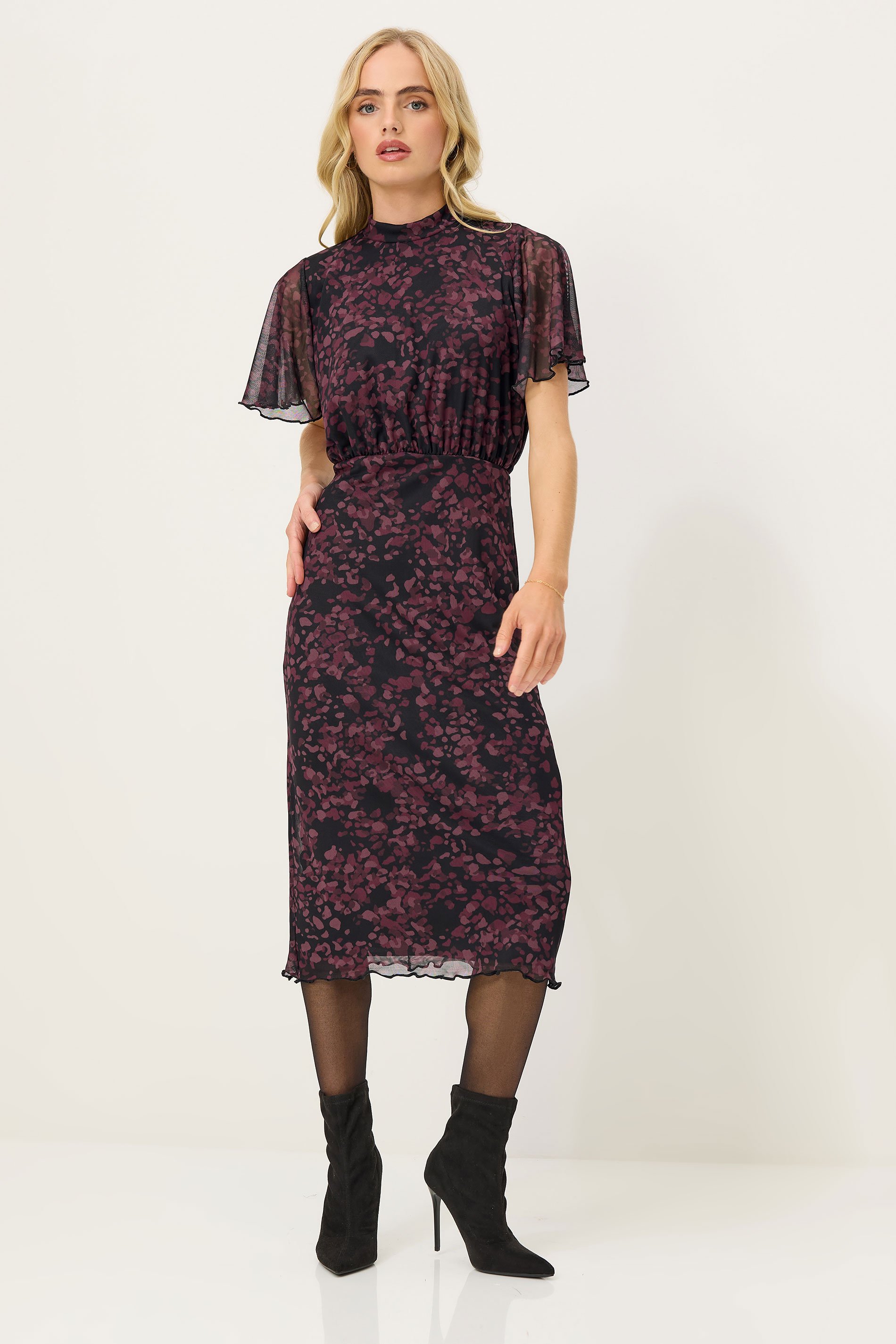 PixieGirl Petite Women's Burgundy Red Abstract Animal Print Flutter Sleeve Dress | PixieGirl 1