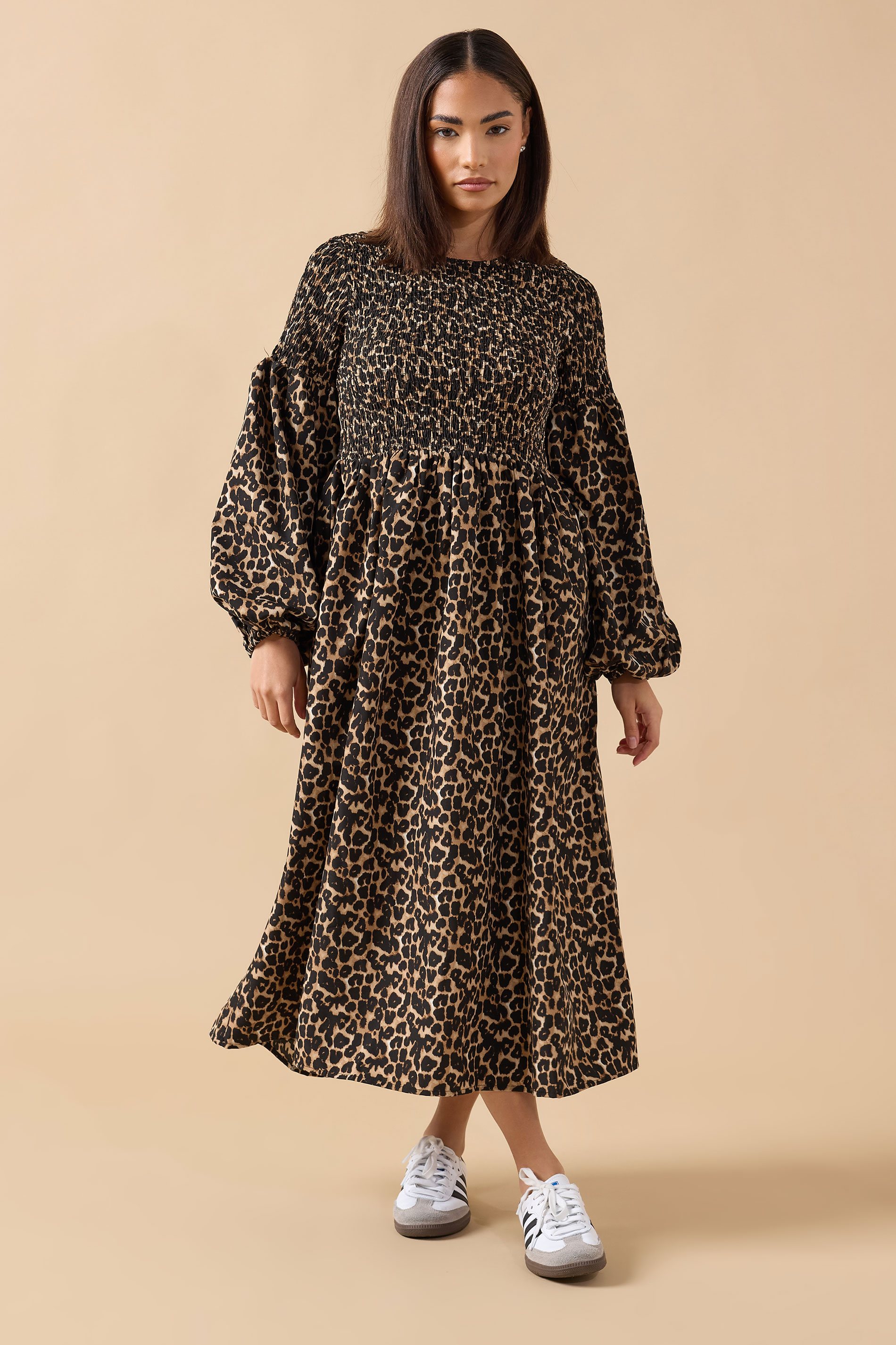 PixieGirl Petite Women's Brown Animal Shirred Puff Sleeve Maxi Dress | PixieGirl 2