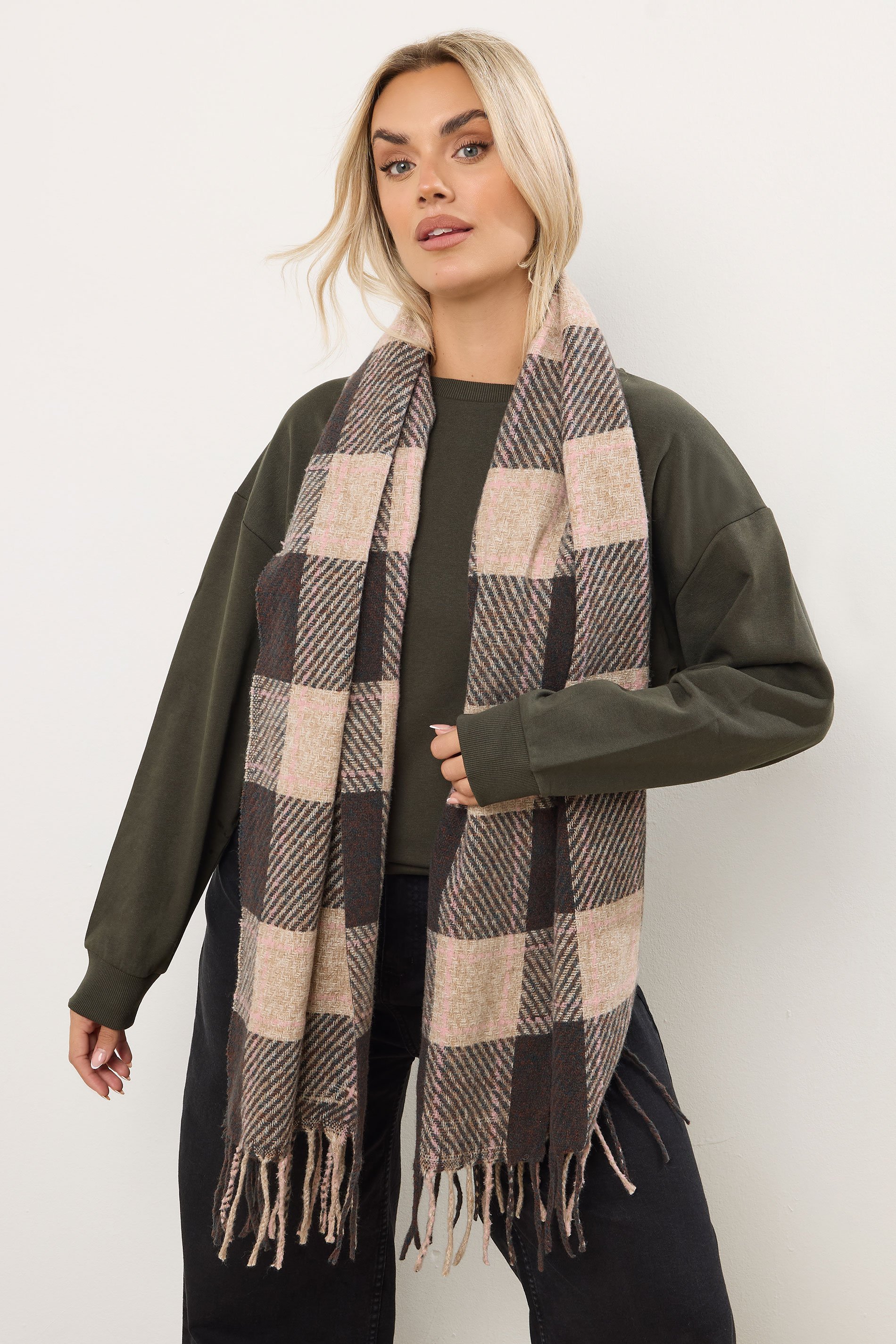 Natural Brown Checked Scarf | Yours Clothing 1