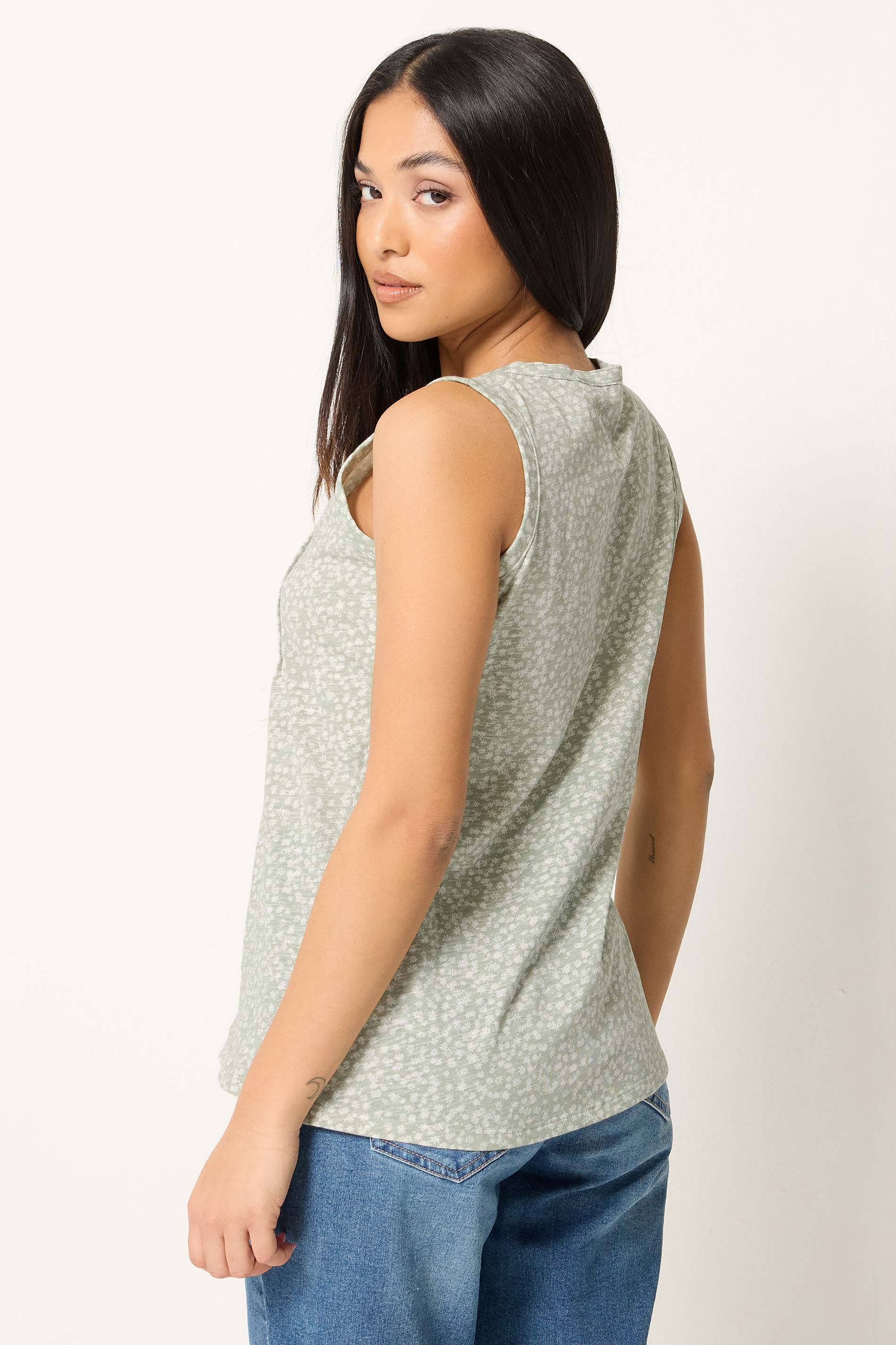 M&Co Petite Sage Green Ditsy Floral Print Sleeveless Cotton Henley Top | M&Co 2