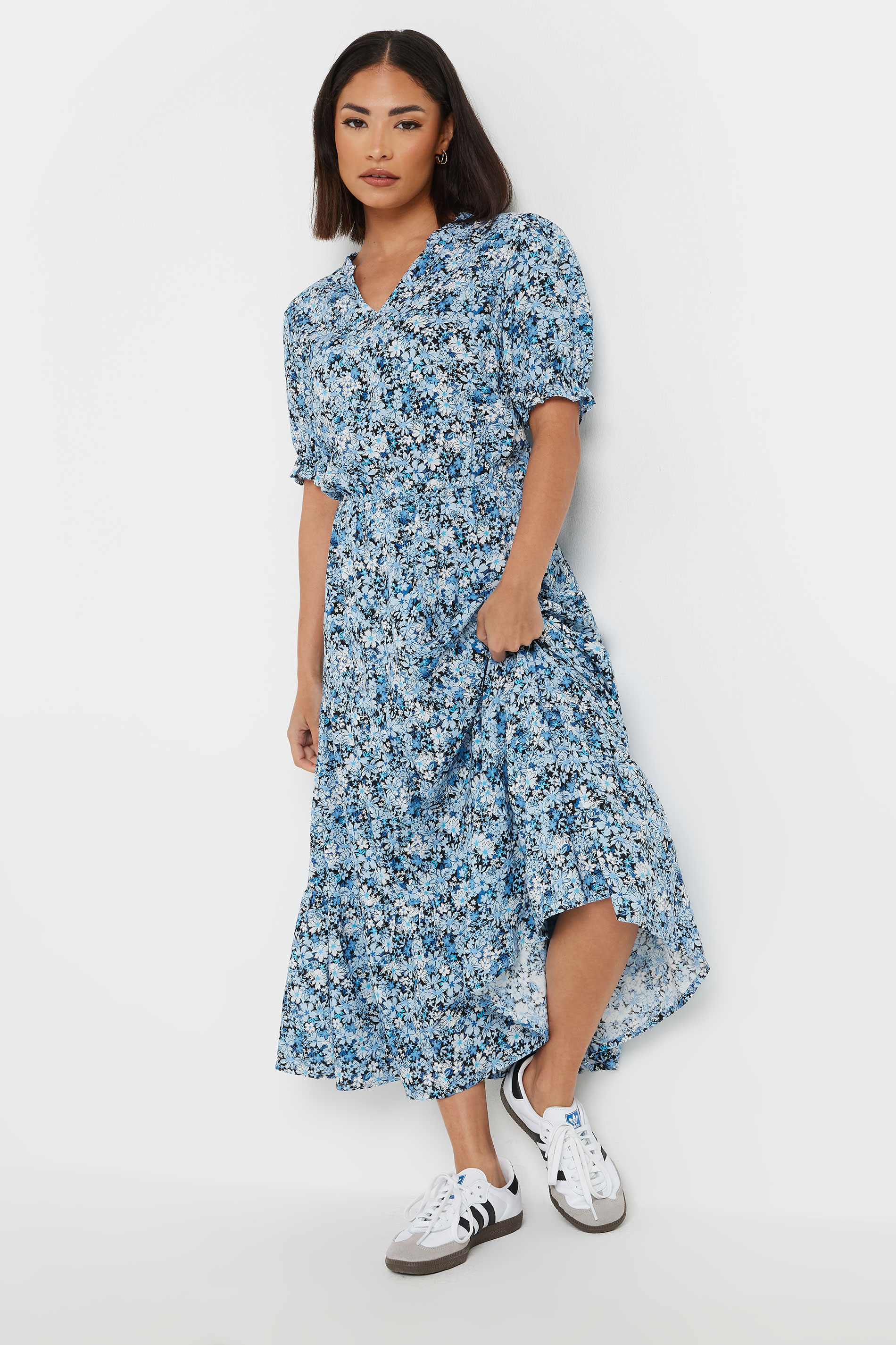 PixieGirl Petite Women's Blue Floral Print Tiered Smock Dress | PixieGirl 2