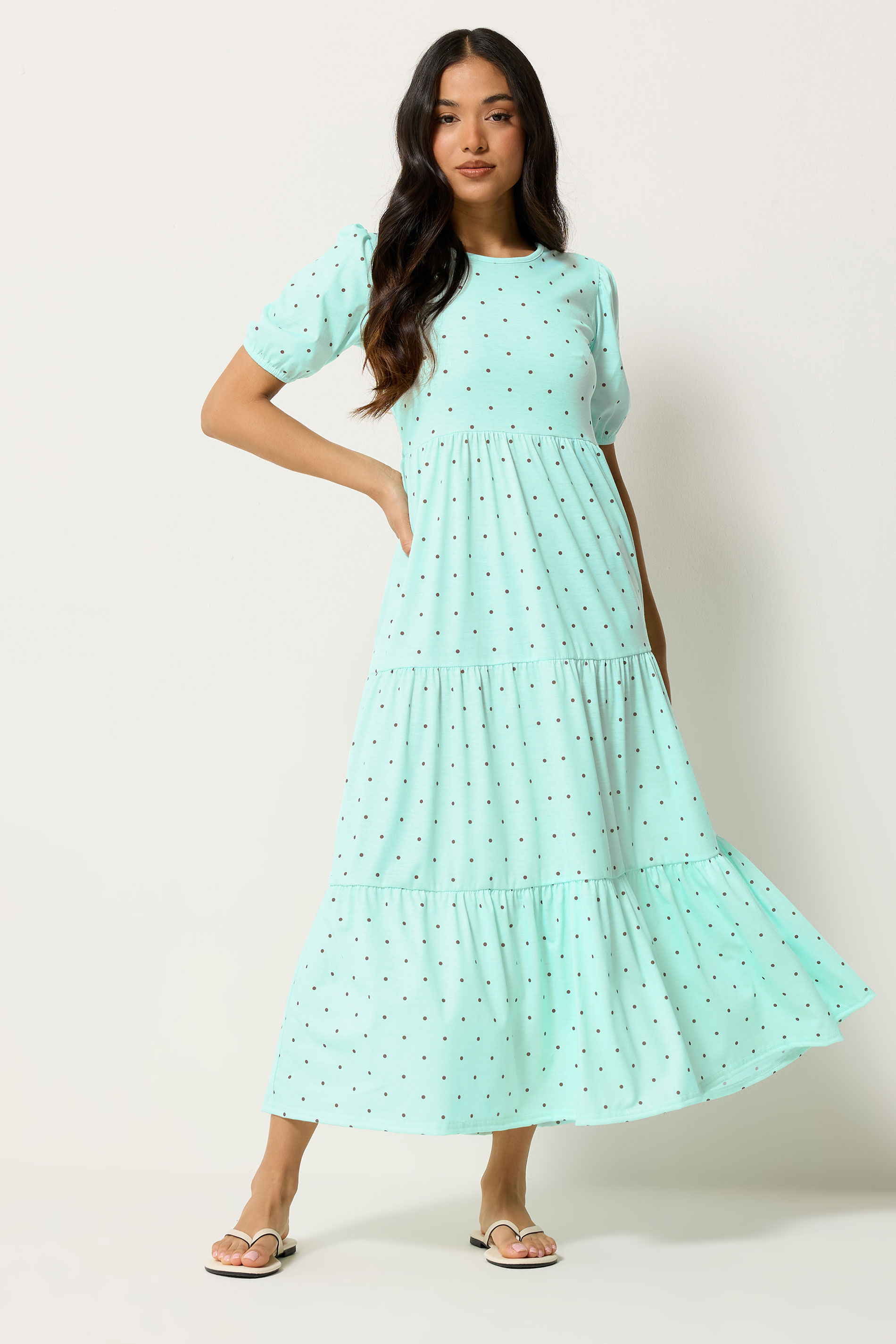 Pixiegirl Women's Green Petite Mint Polka Dot Tiered Maxi Dress Size 12