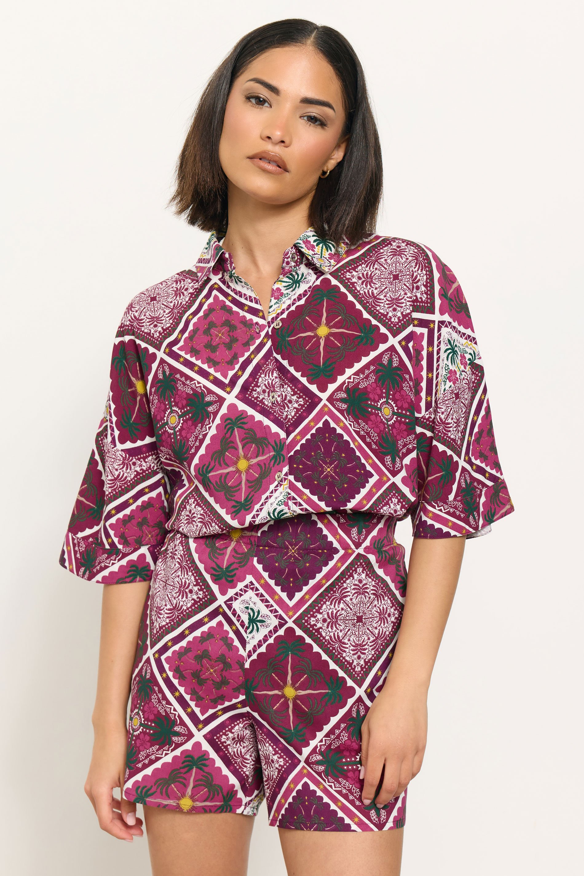 PixieGirl Petite Women's Purple Tile Print Short Sleeve Shirt | PixieGirl 1