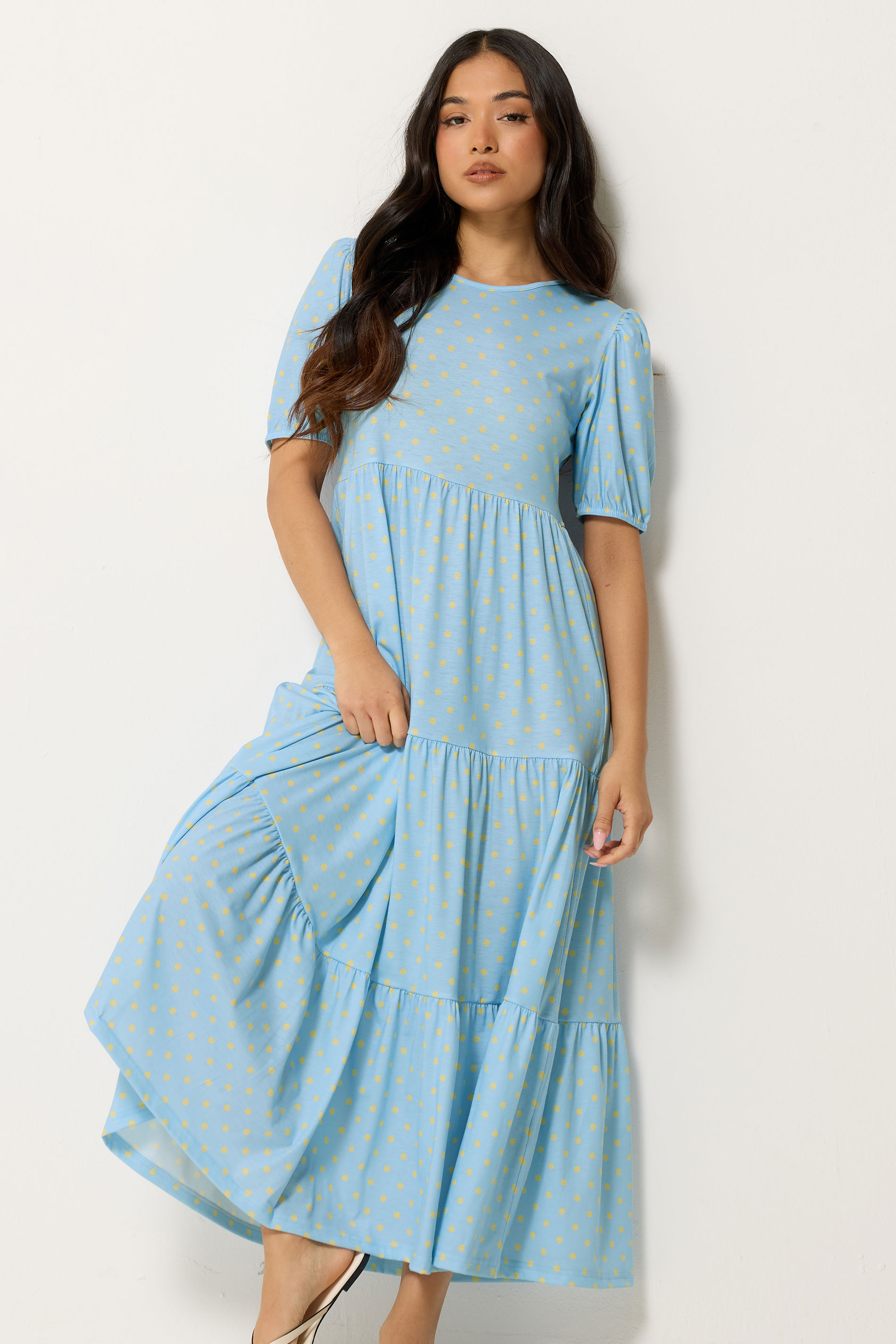 Pixiegirl Women's Blue Petite Light Polka Dot Tiered Maxi Dress Size 12