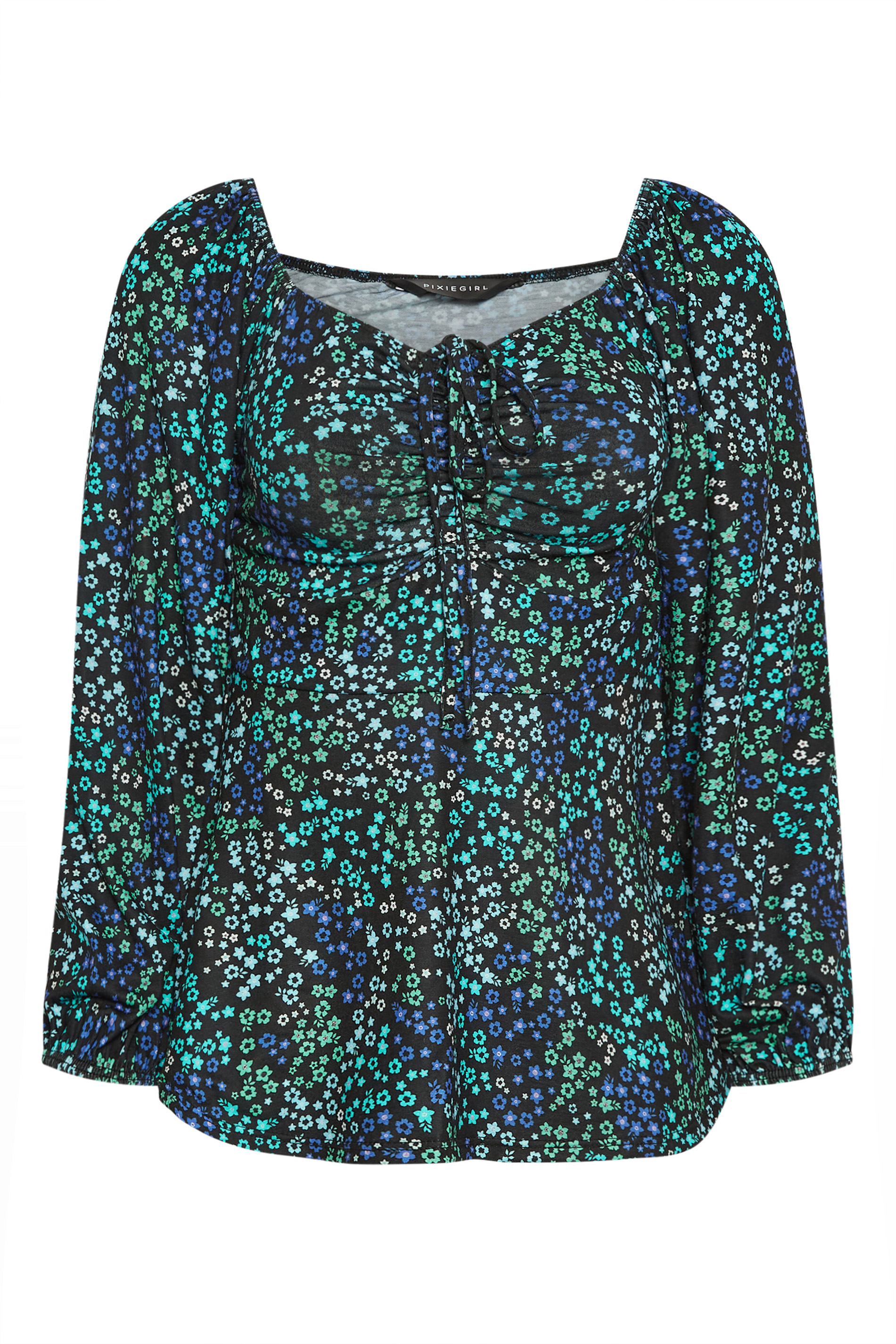 PixieGirl Blue Ditsy Floral Print Ruched Front Top | PixieGirl 7