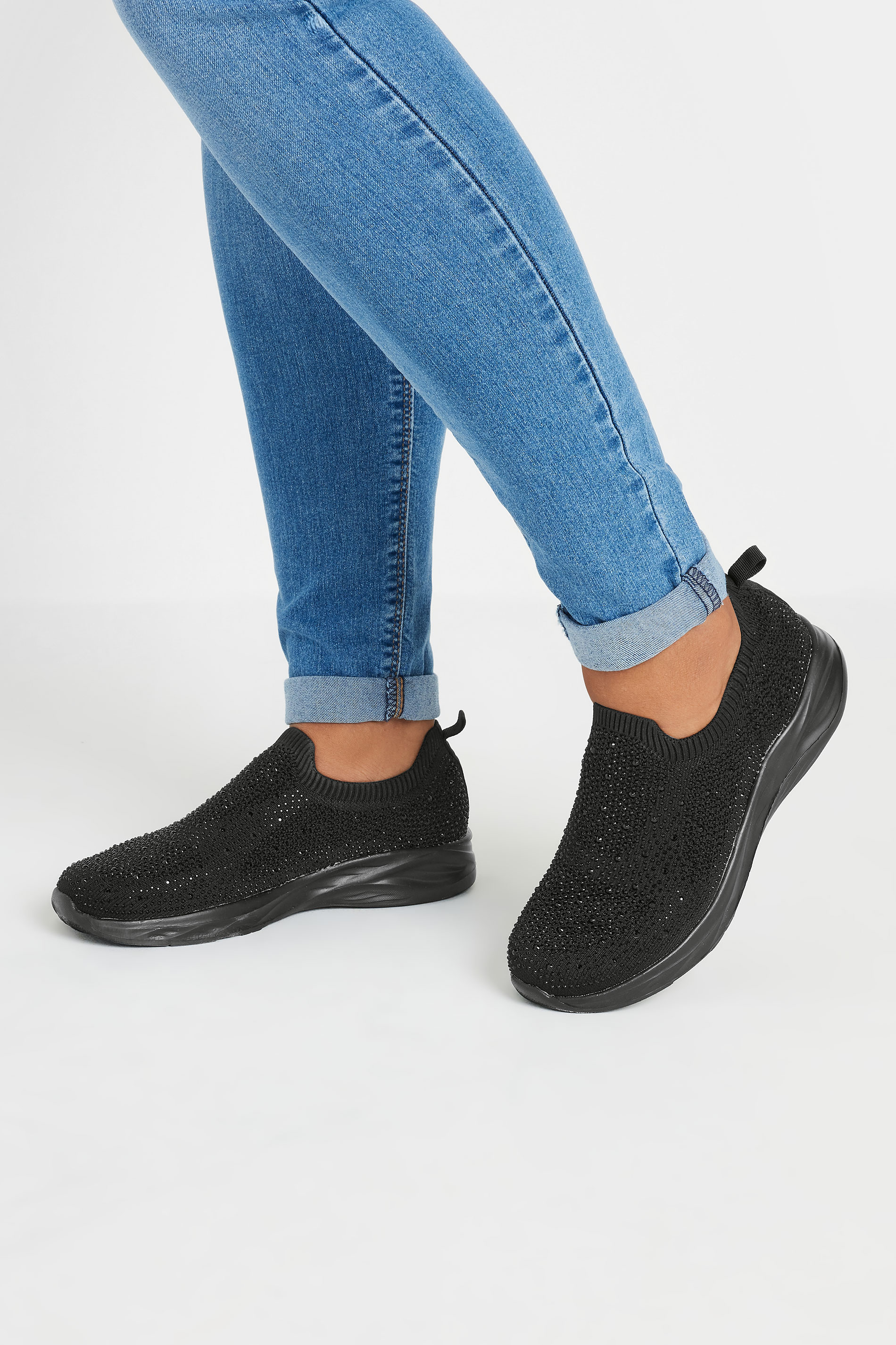 Black Diamante Knitted Slip On Trainers In Extra Wide EEE Fit | Yours Clothing 1