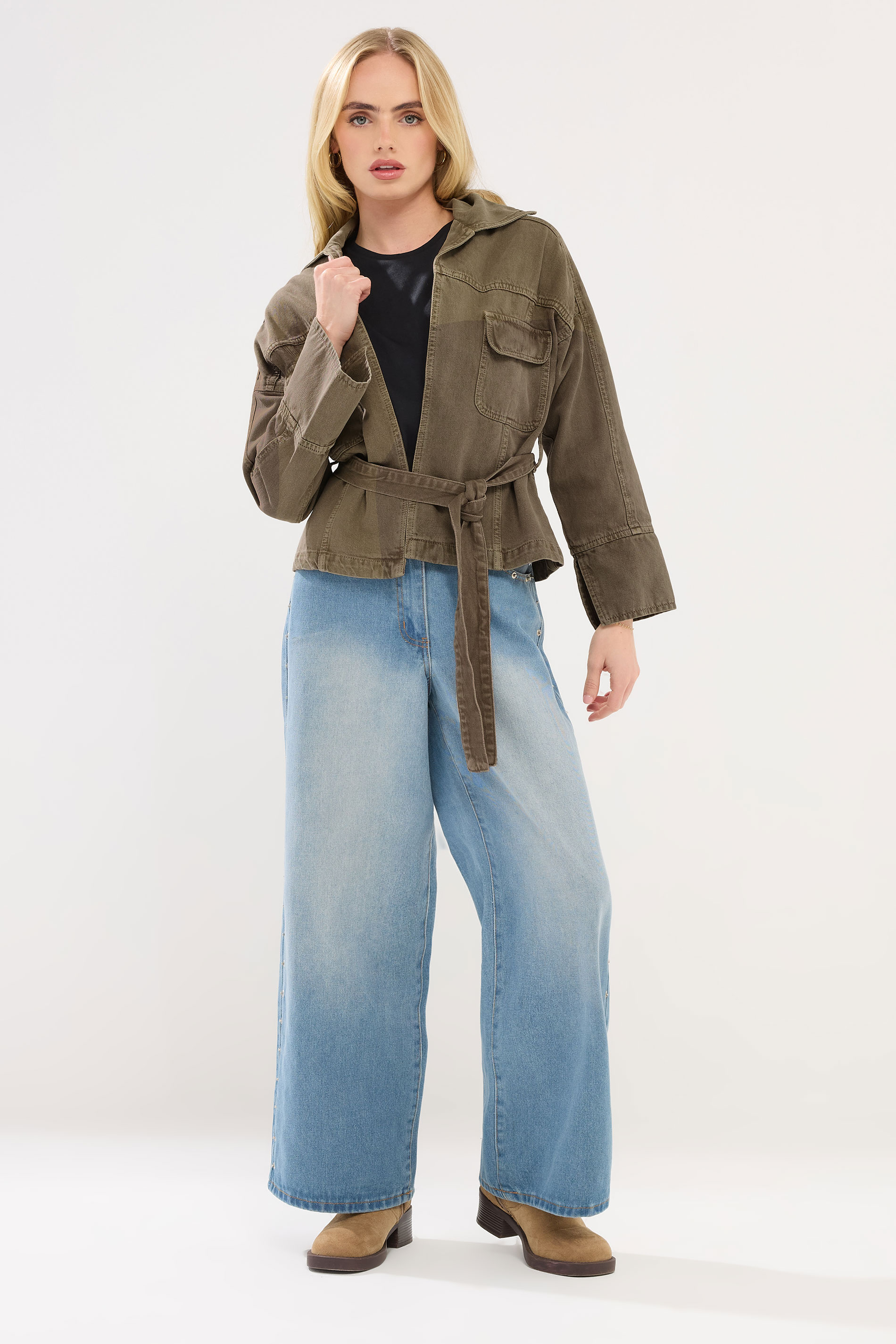 PixieGirl Petite Women's Stone Brown Belted Utility Denim Jacket | PixieGirl 2