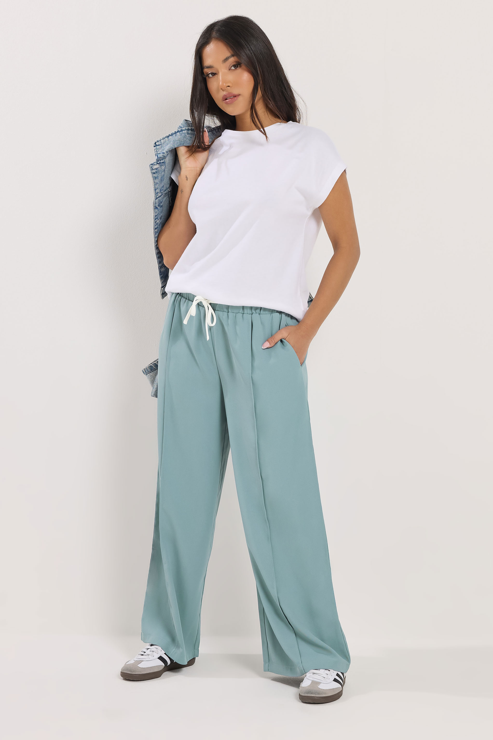 PixieGirl Petite Women's Blue Contrast Waist Wide Leg Trousers | PixieGirl 1
