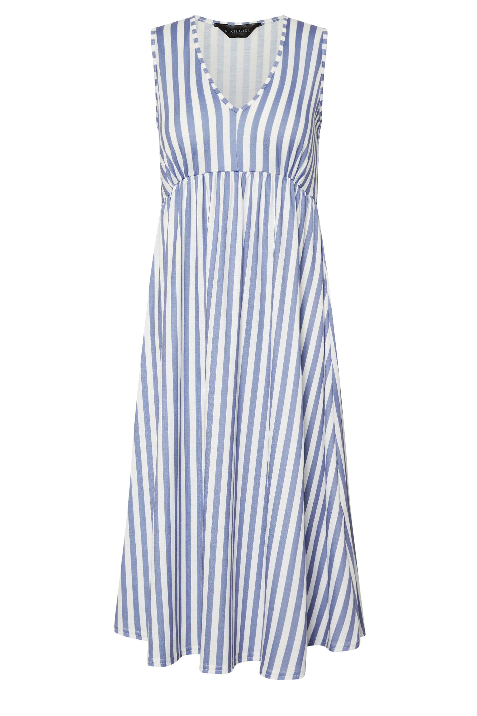 PixieGirl Petite Women's Blue Stripe V-Neck Midi Dress | PixieGirl 6