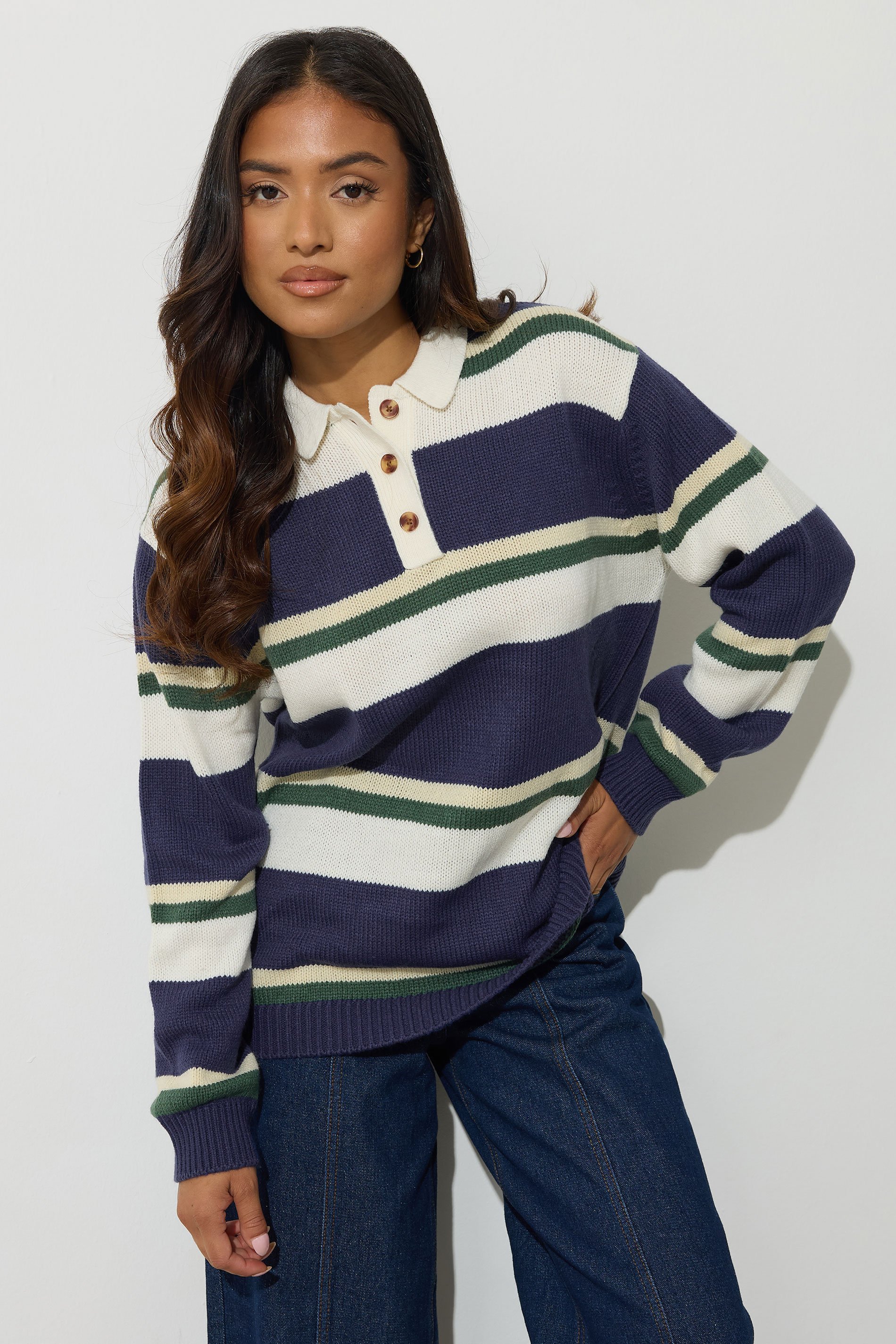 PixieGirl Petite Women's Navy Blue Stripe Rugby Jumper | PixieGirl 1