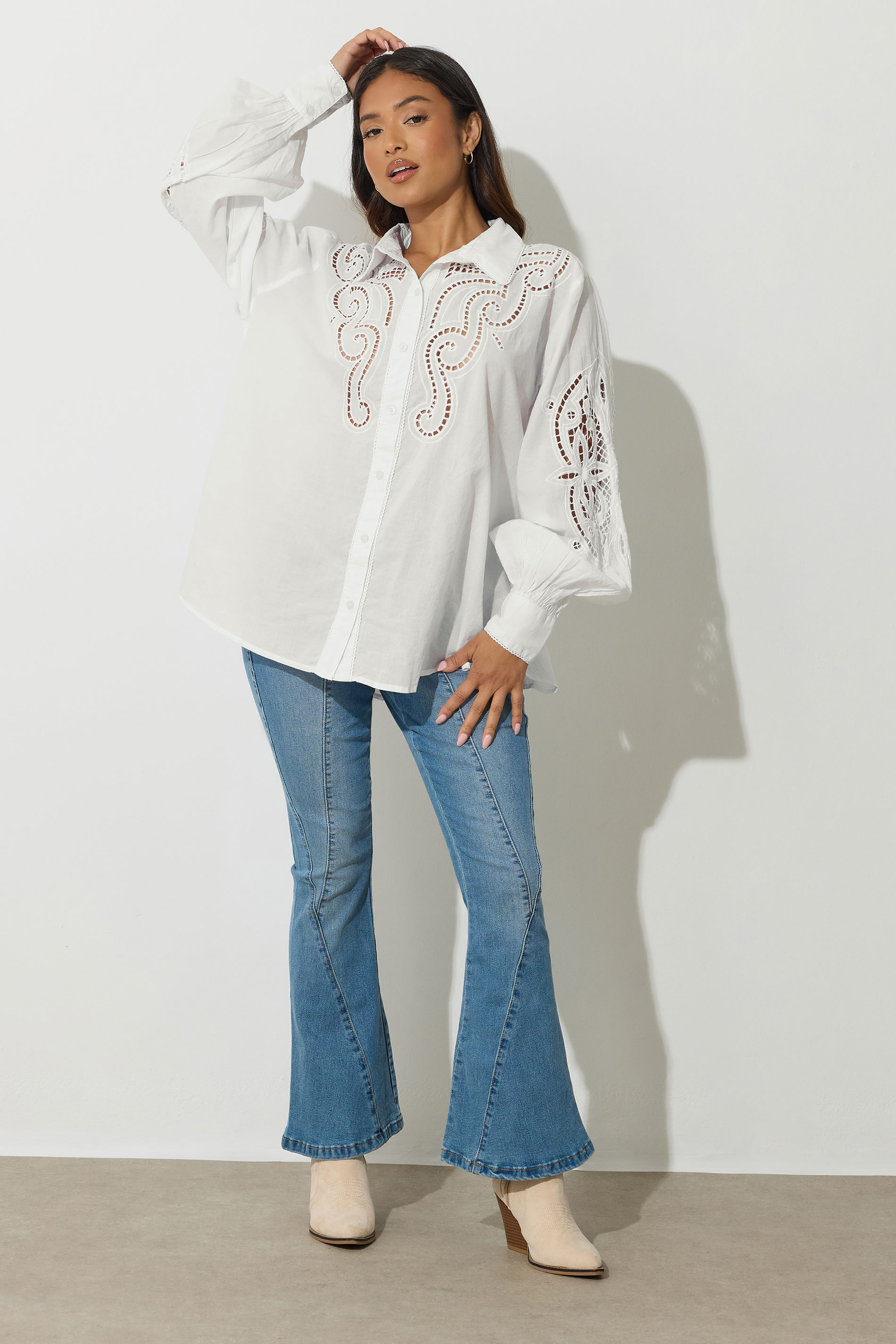 PixieGirl Petite Women's White Crochet Long Sleeve Shirt | PixieGirl 3