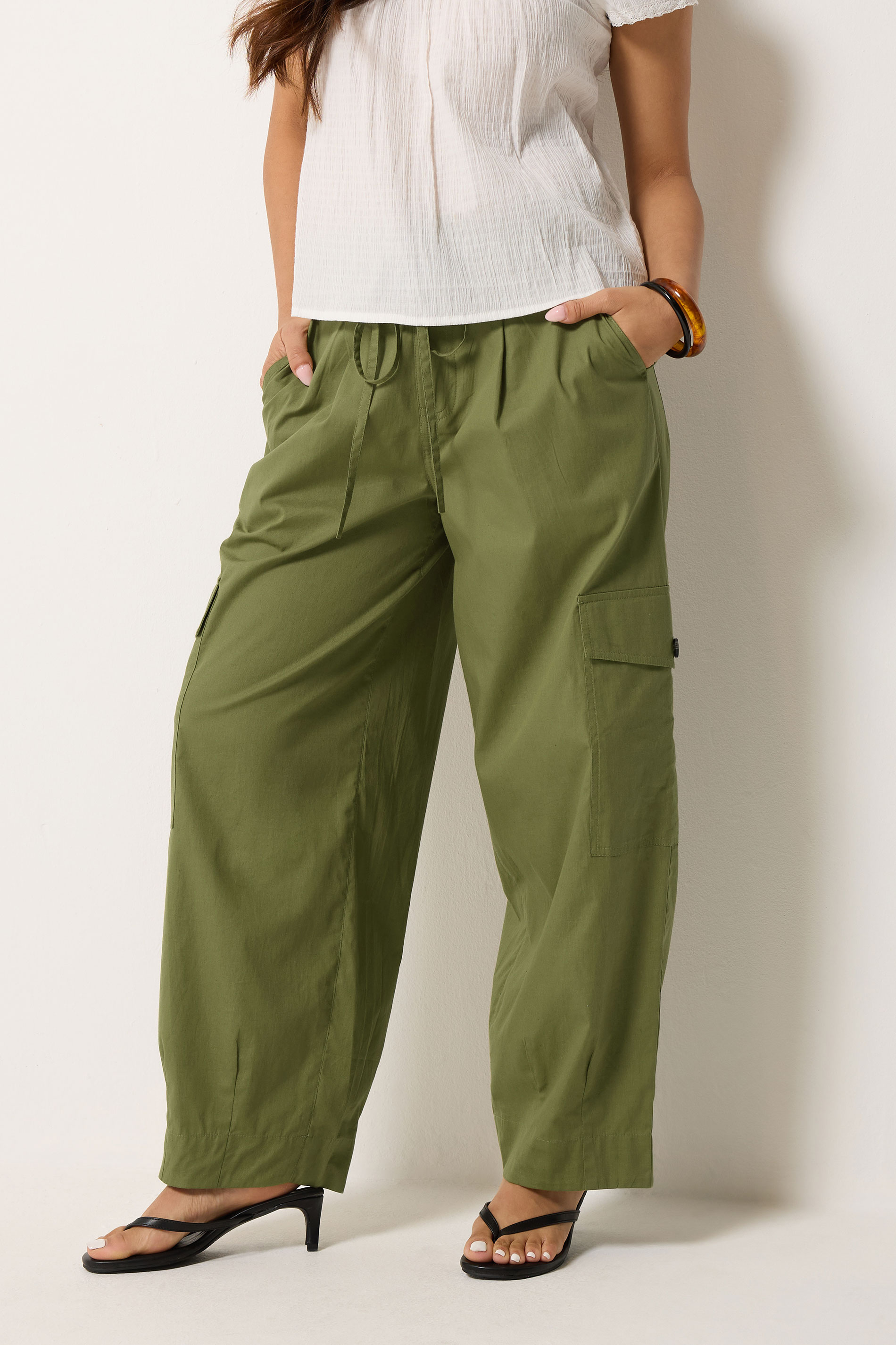 PixieGirl Petite Women's Khaki Green Poplin Cotton Cargo Barrel Leg Trousers | PixieGirl 1