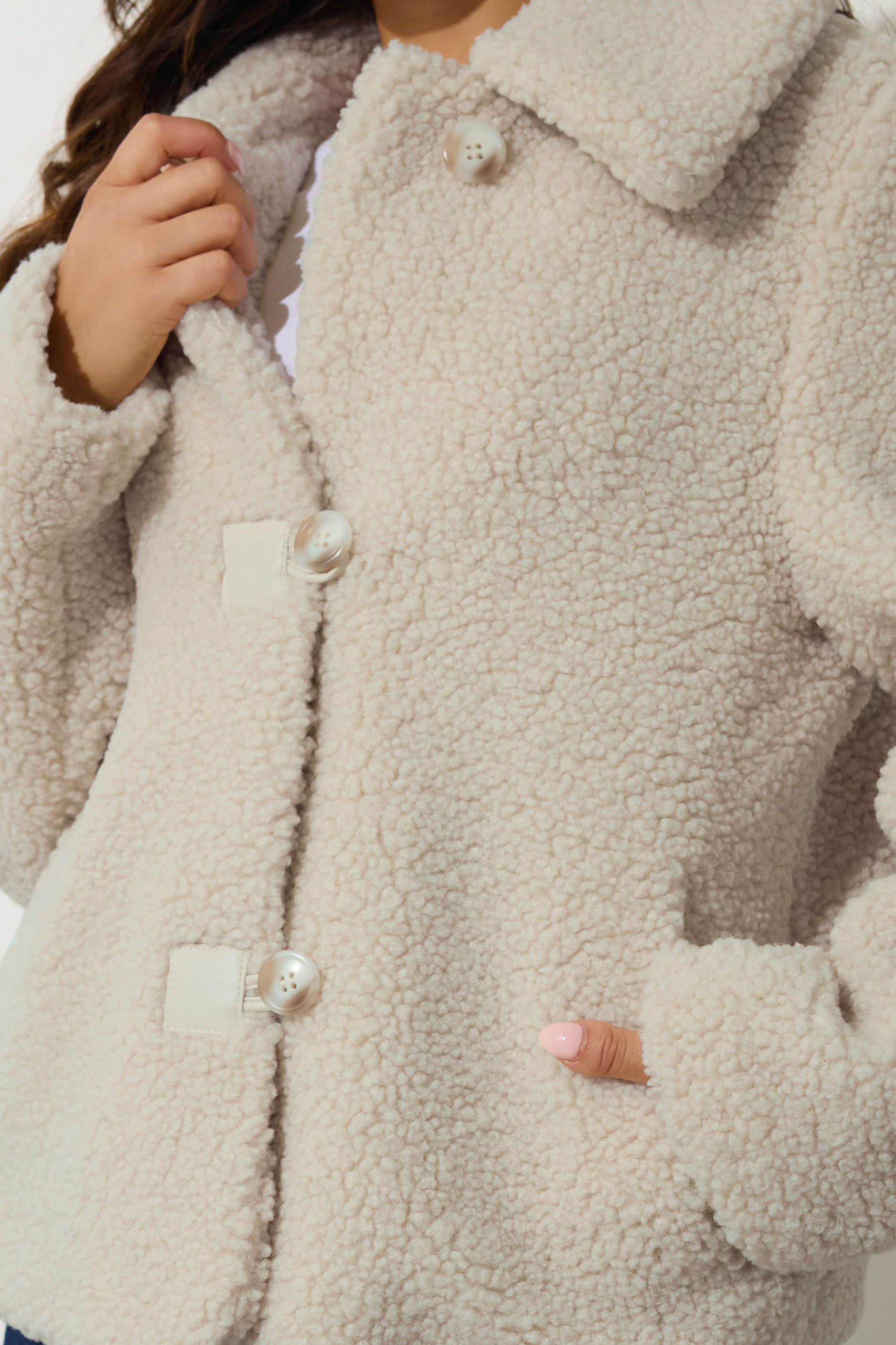 PixieGirl Petite Women's Ivory White Borg Button Jacket | PixieGirl 5