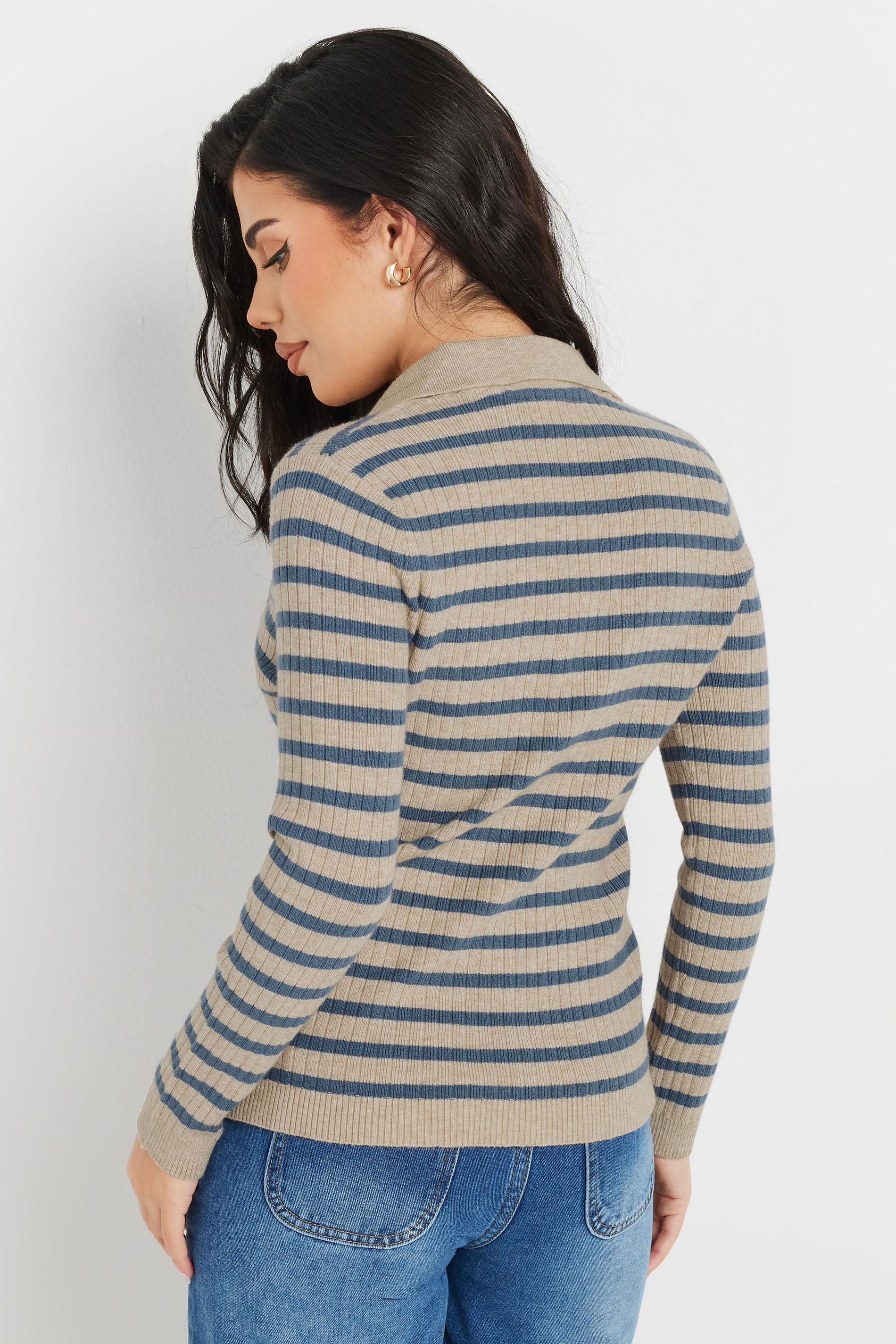 PixieGirl Petite Women's Beige Brown Knitted Stripe Collar Jumper | PixieGirl 3