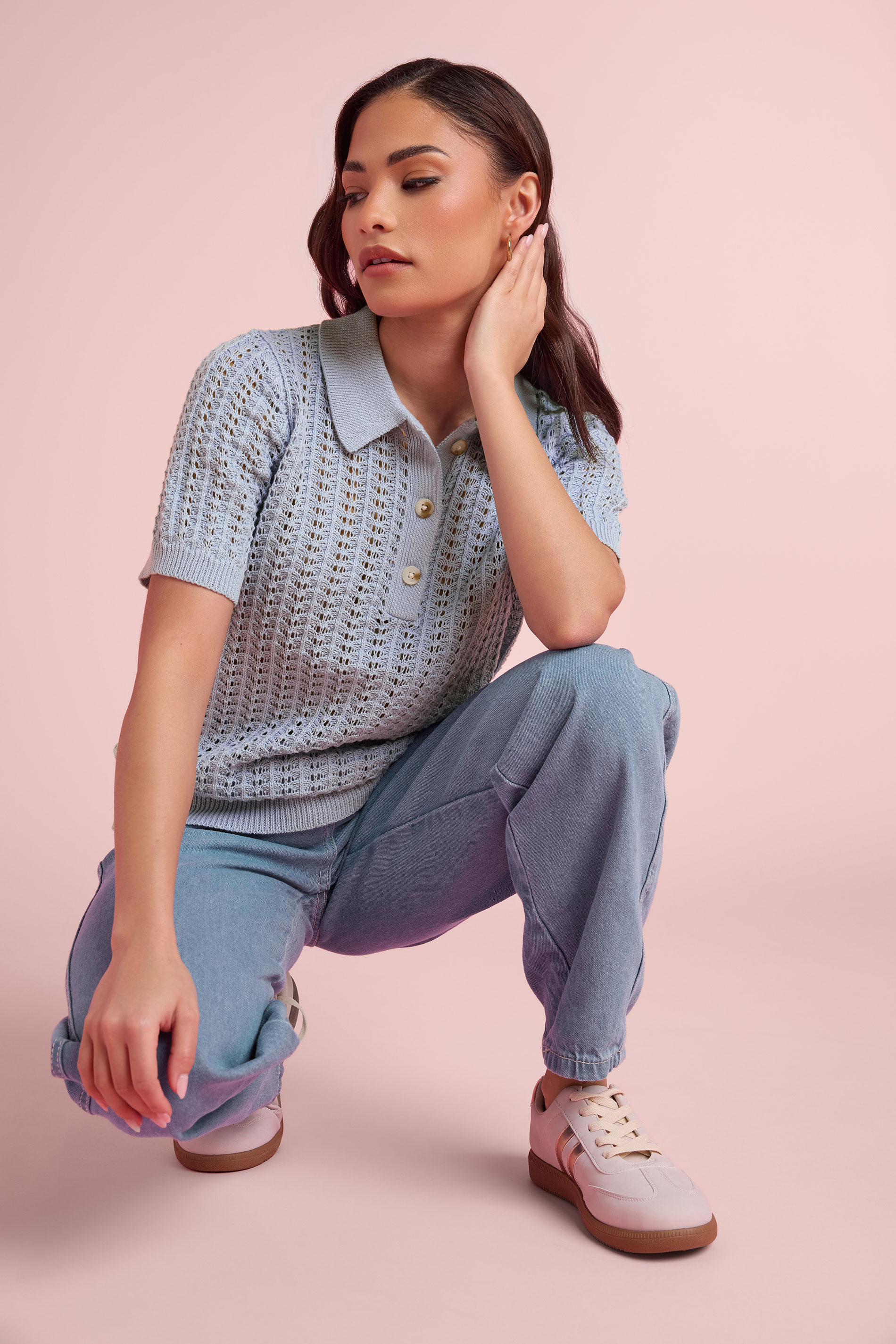 Pixiegirl Women's Blue Petite Light Crochet Polo Top Size 12-14