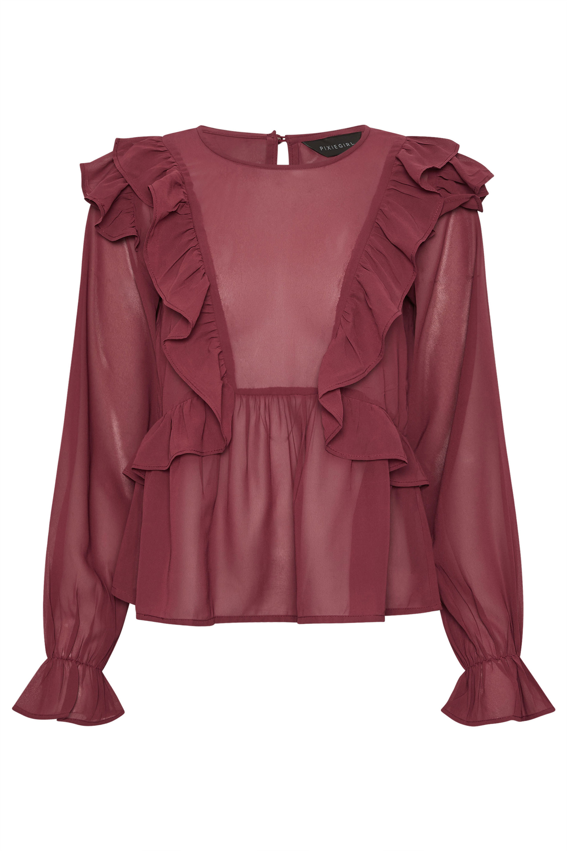 PixieGirl Petite Women's Burgundy Red Frill Shoulder Chiffon Blouse | PixieGirl 5
