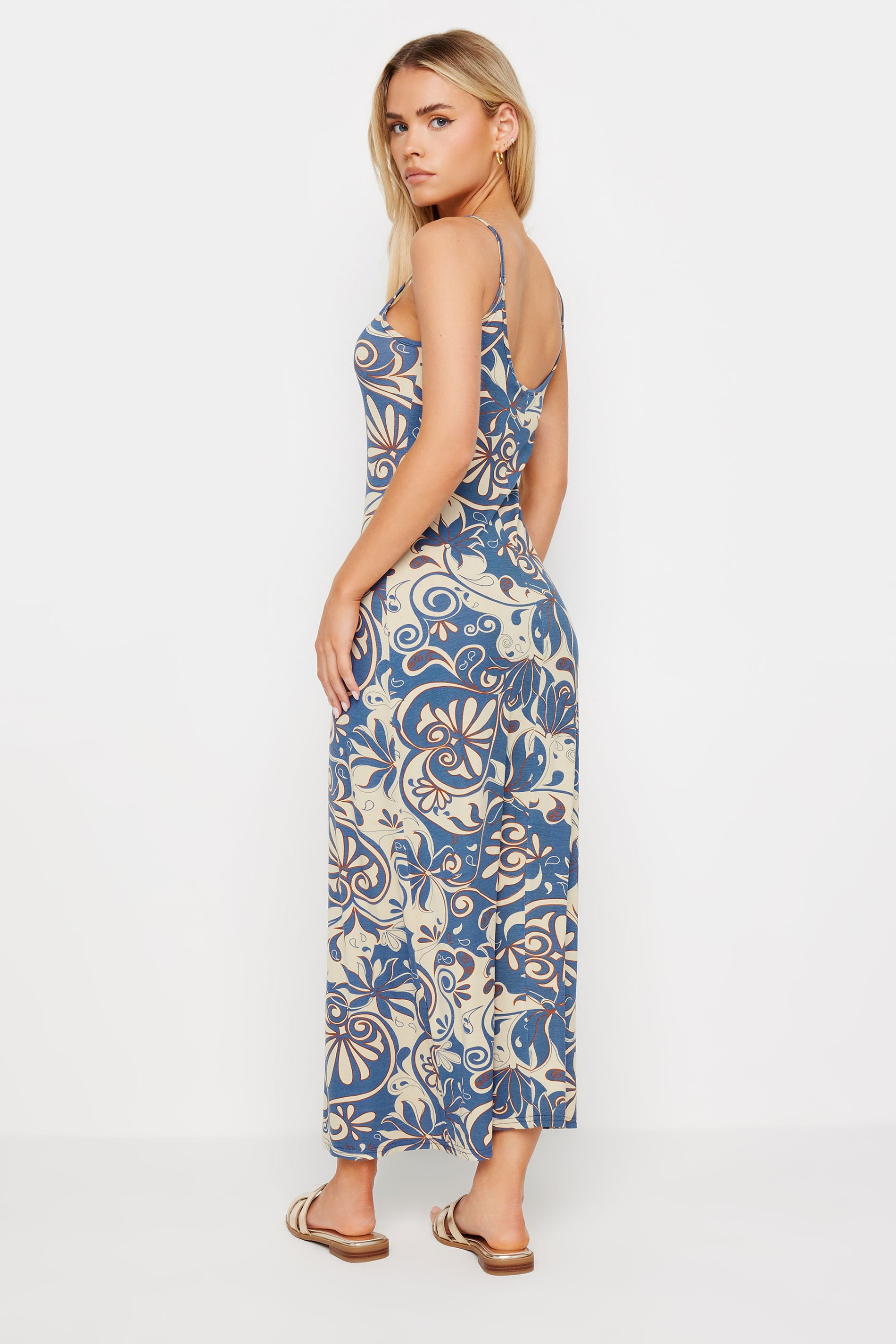 PixieGirl Petite Women's Blue Floral Swirl Print Strappy Maxi Dress | PixieGirl 3