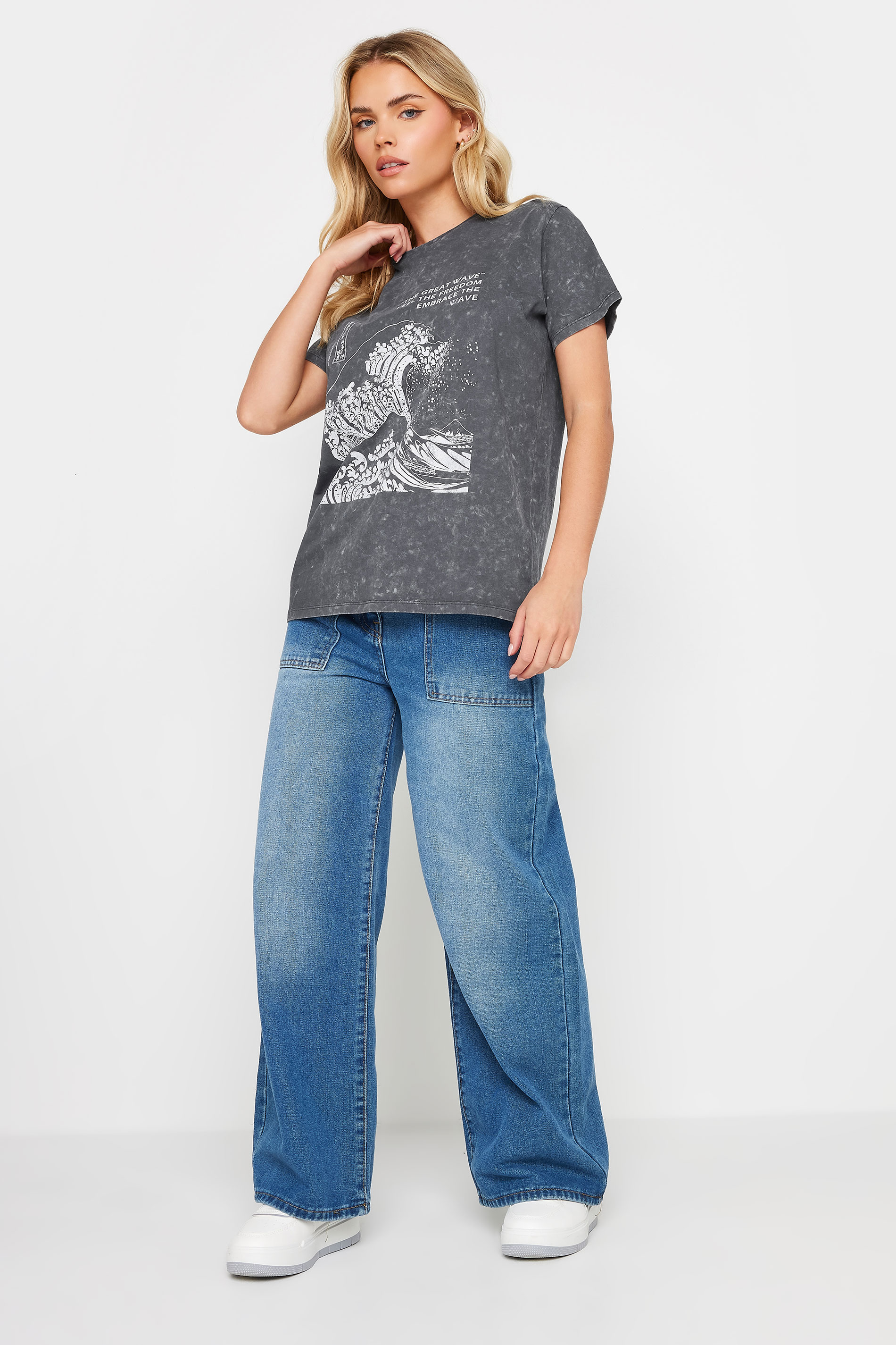 PixieGirl Petite Women's Charcoal Grey 'The Great Wave' Slogan Printed T-Shirt | PixieGirl 2