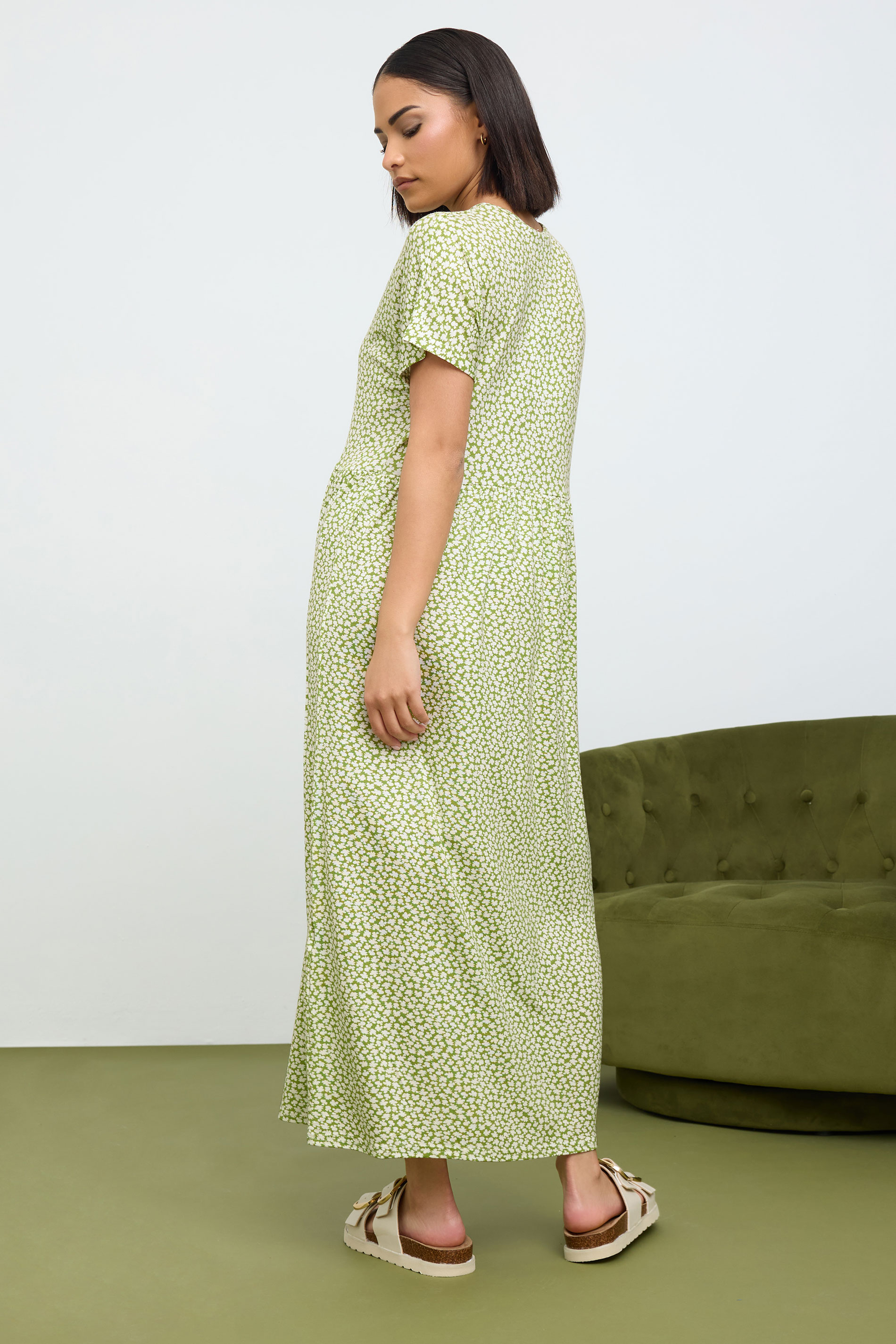 PixieGirl Petite Women's Sage Green Ditsy Floral Print Midi Smock Dress | PixieGirl 3