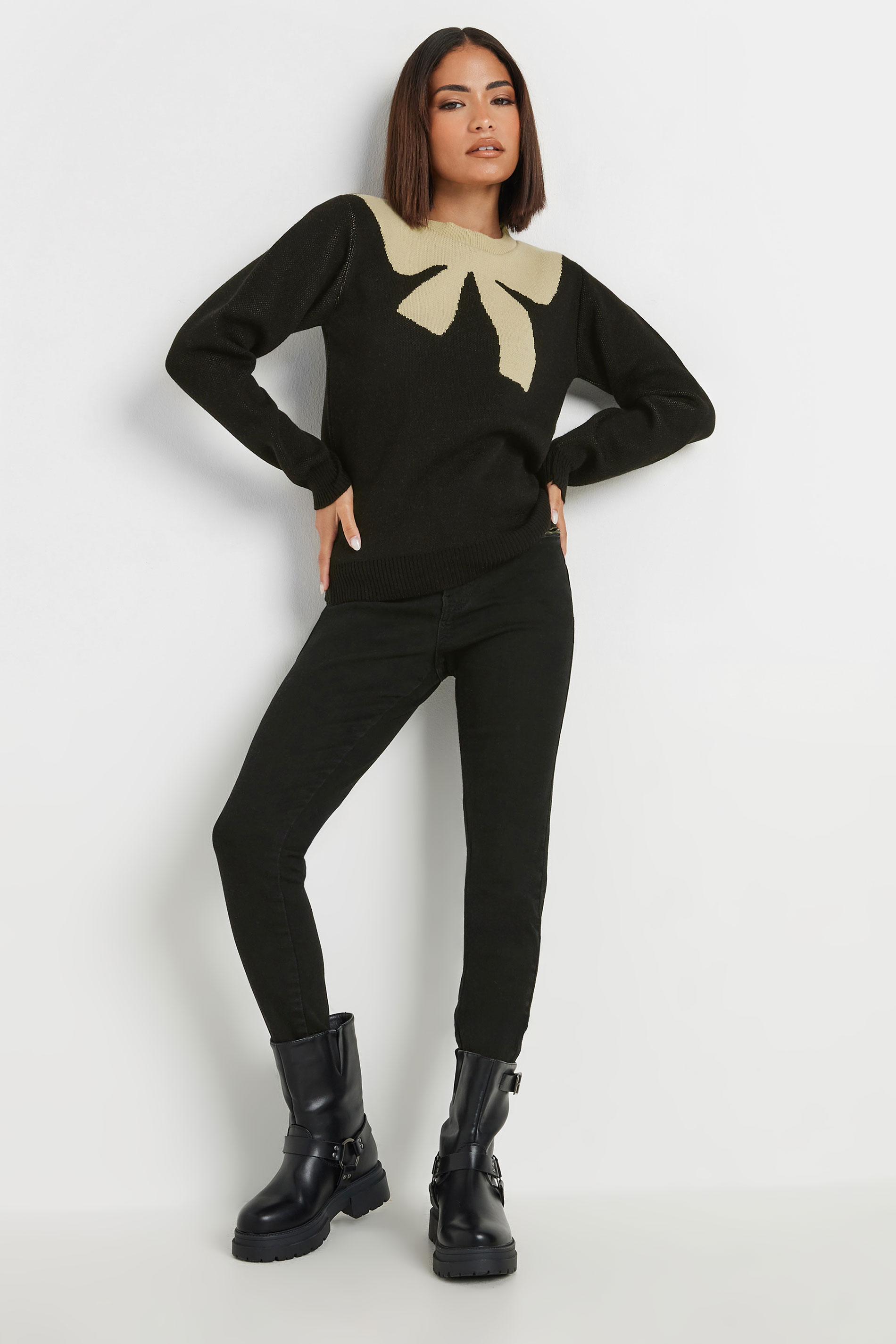 PixieGirl Petite Women's Black Bow Knitted Design Jumper | PixieGirl 2