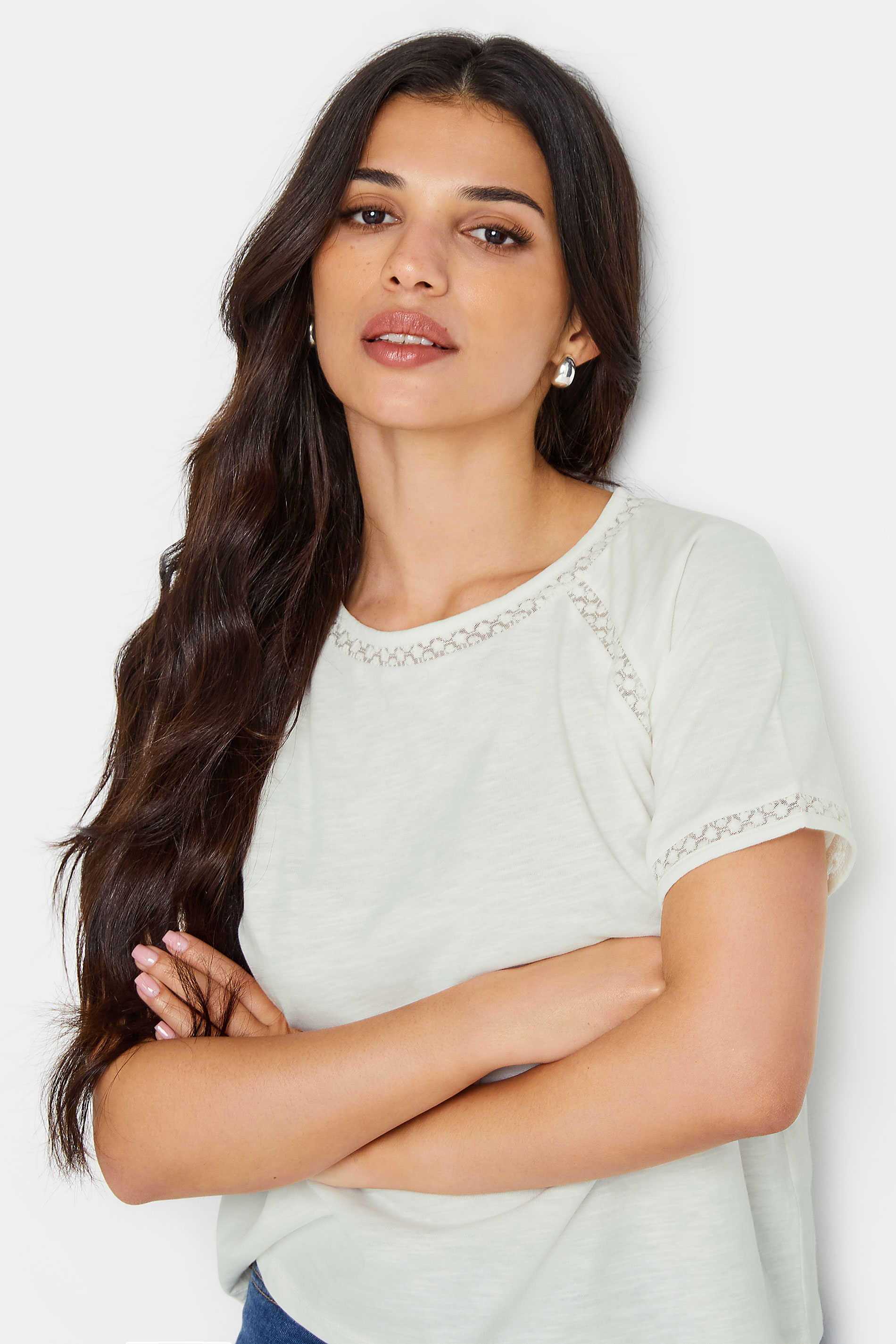 PixieGirl Petite Women's Ivory White Crochet Detail T-Shirt | PixieGirl 4
