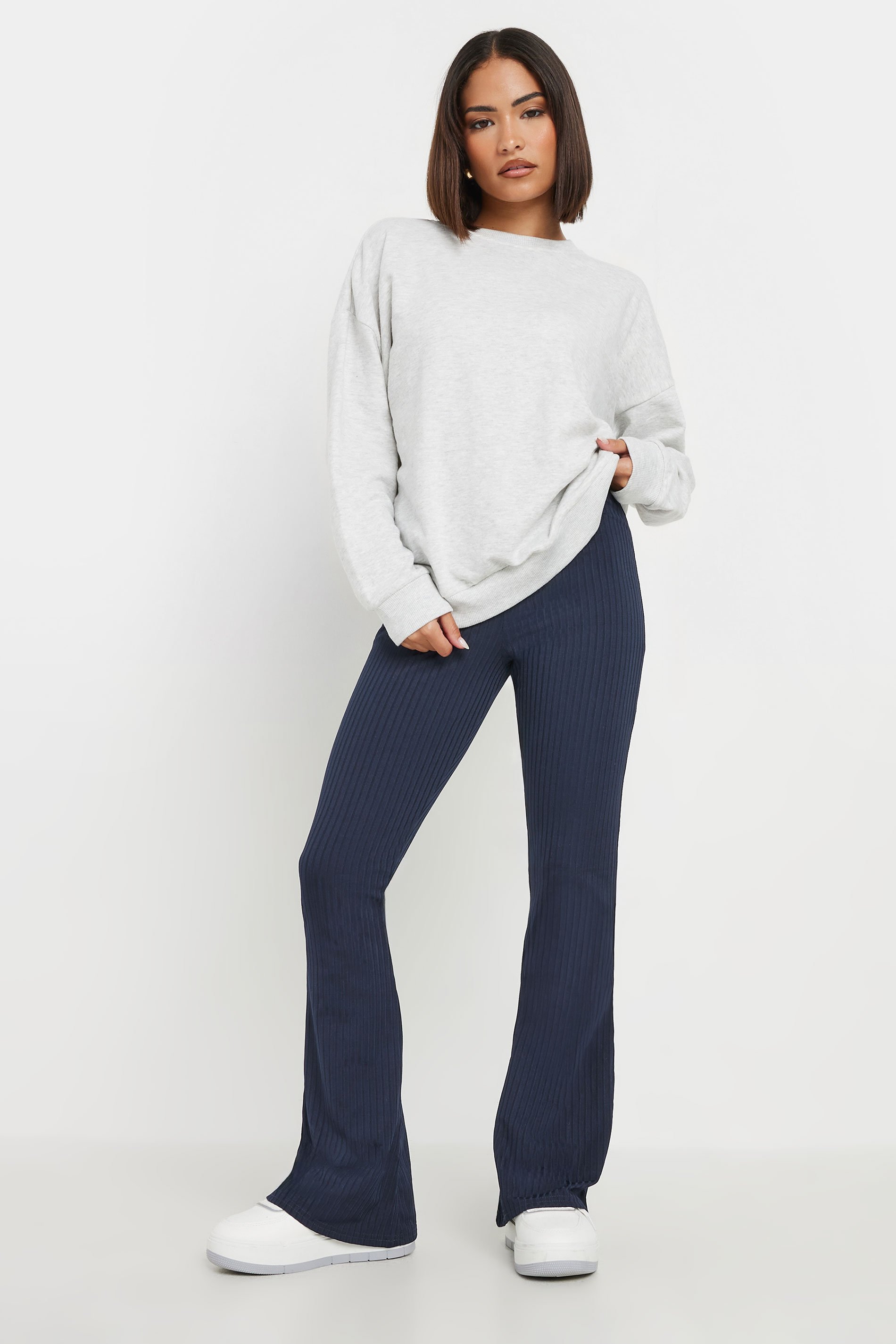 PixieGirl Petite Women's Navy Blue Ribbed Flared Trousers | PixieGirl 1