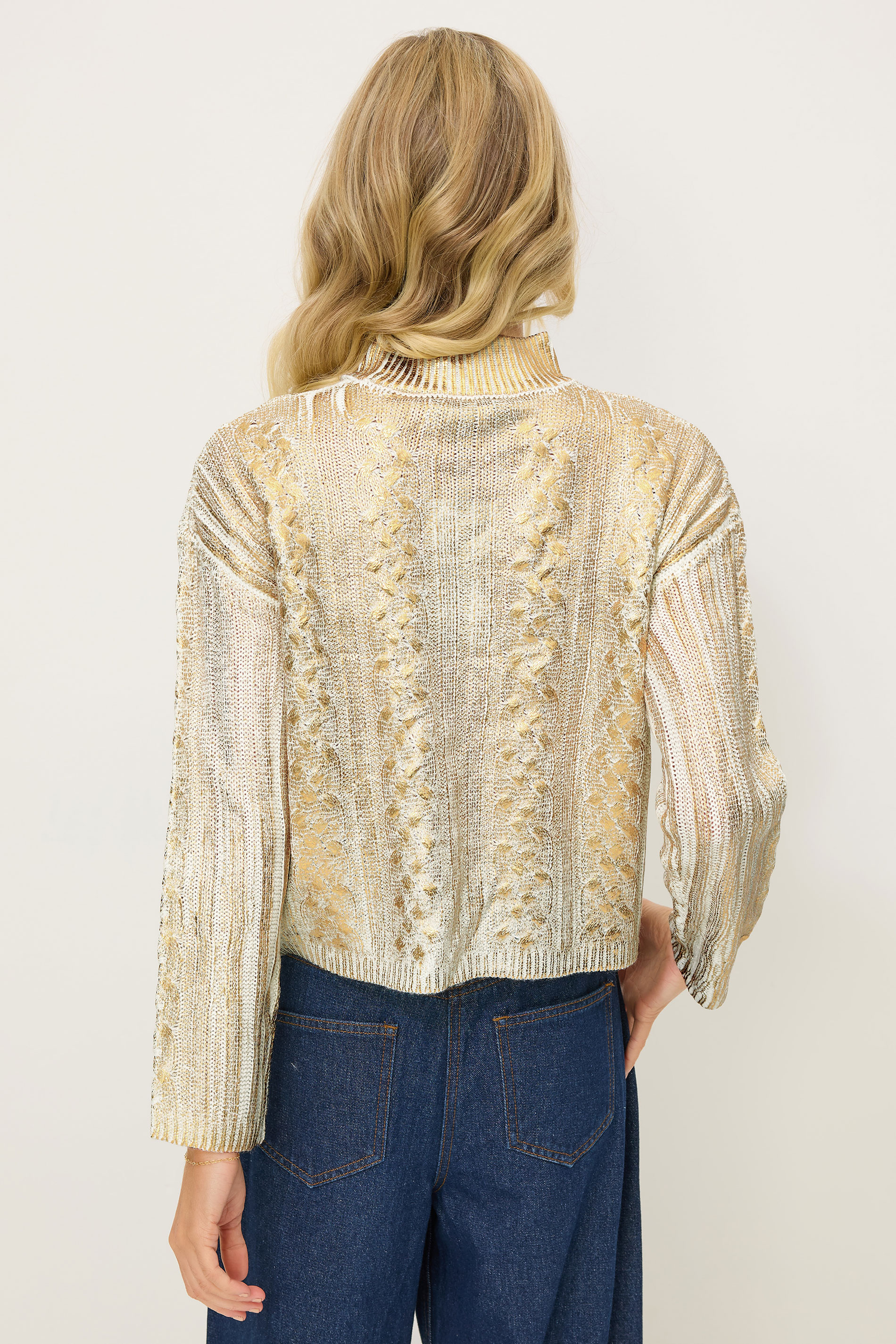 PixieGirl Petite Women's Gold Metallic Foil Cable Knit Jumper | PixieGirl 3