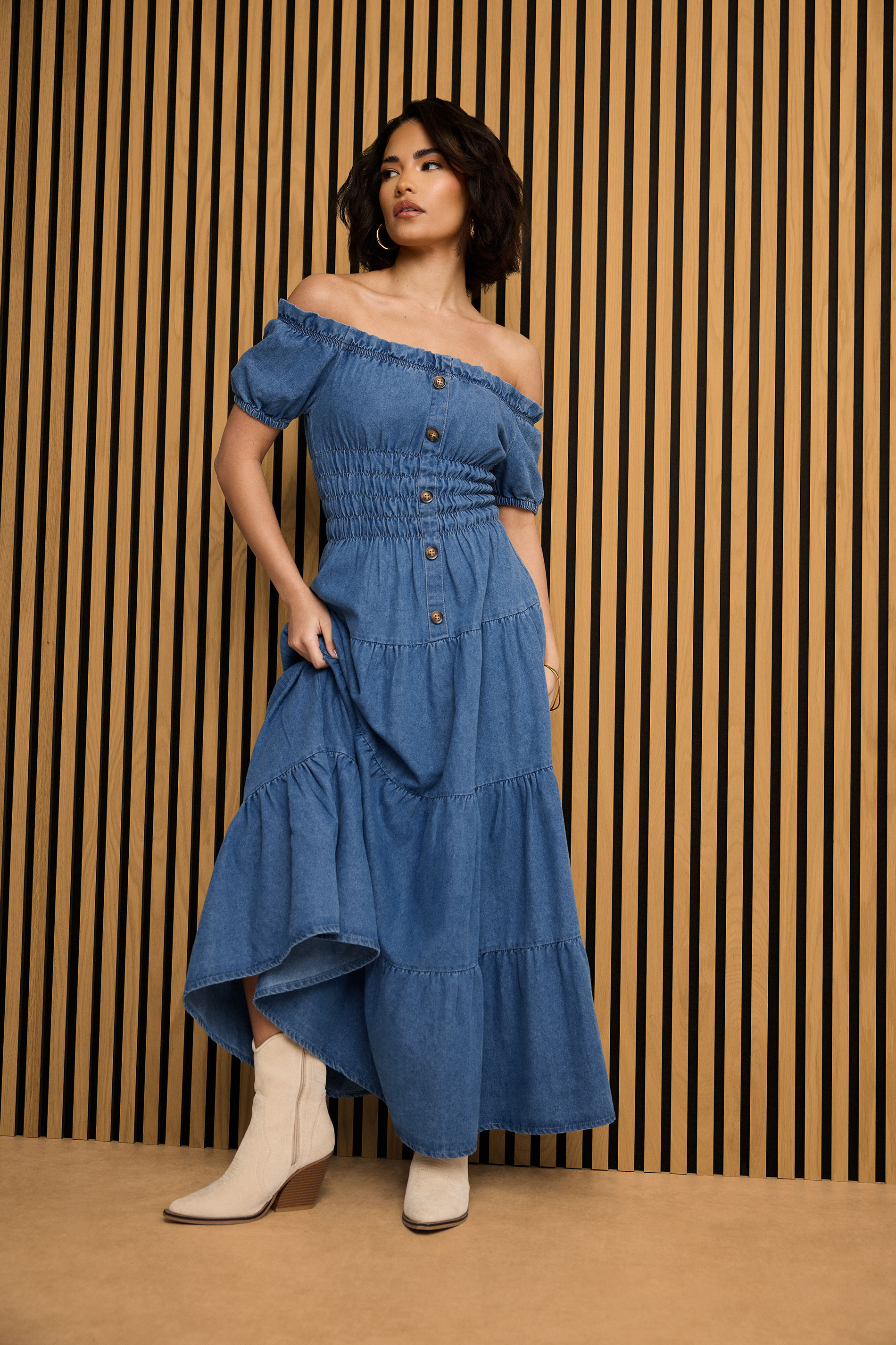 PixieGirl Petite Women's Blue Denim Tiered Bardot Maxi Dress | PixieGirl 1