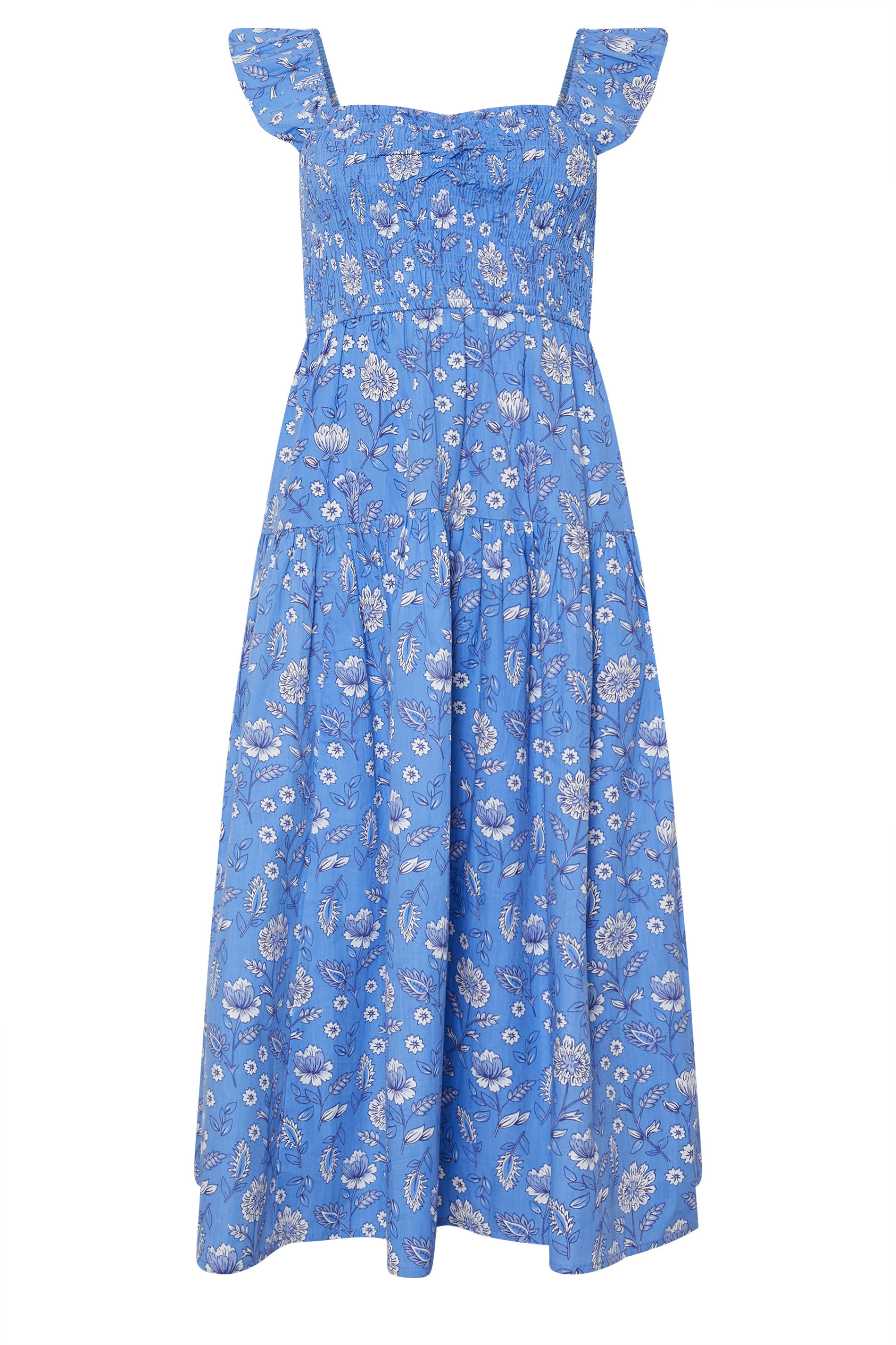 PixieGirl Petite Women's Blue Floral Frill Sleeve Shirred Dress | PixieGirl 5