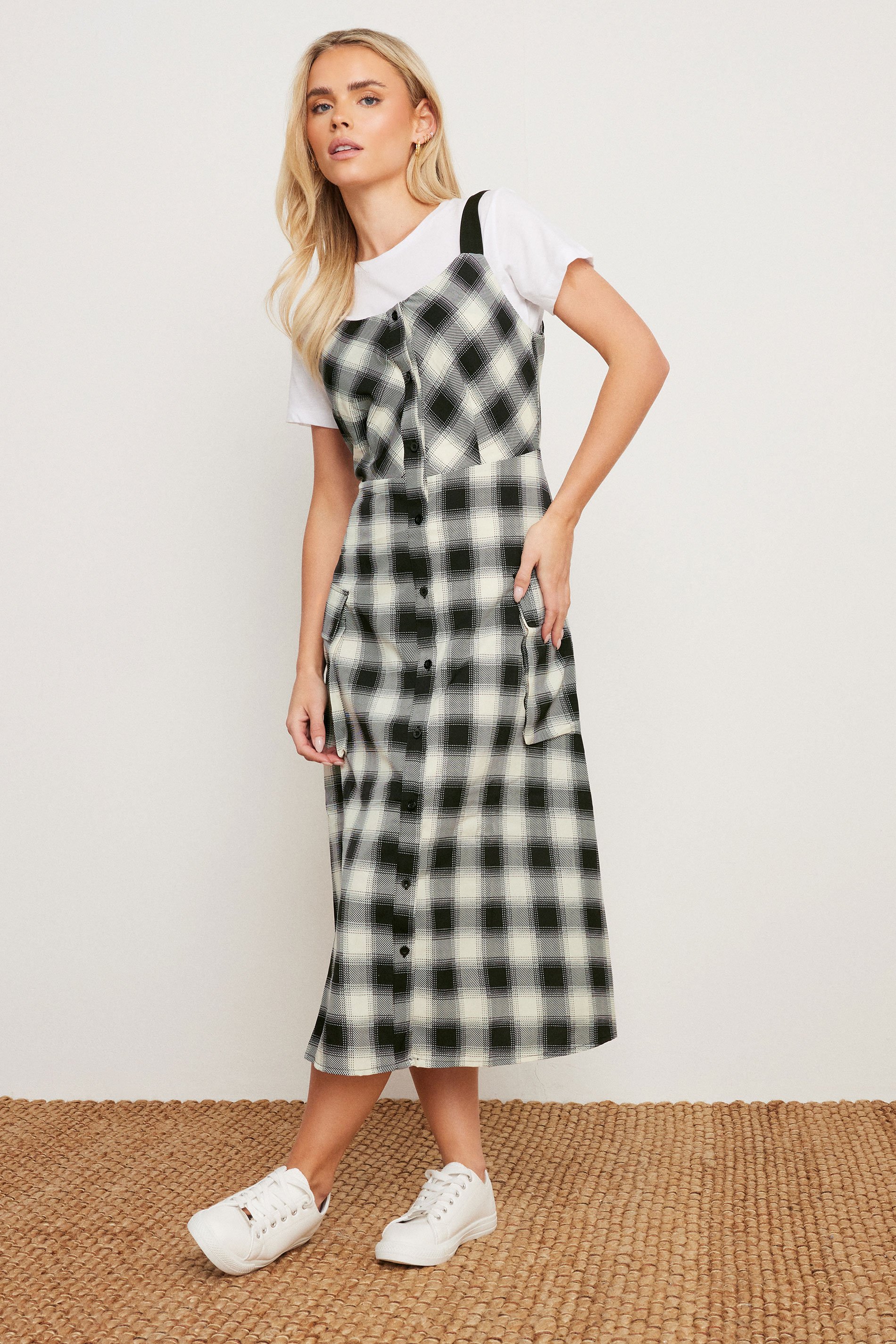 PixieGirl Petite Women's Black Check Print Strappy Midi