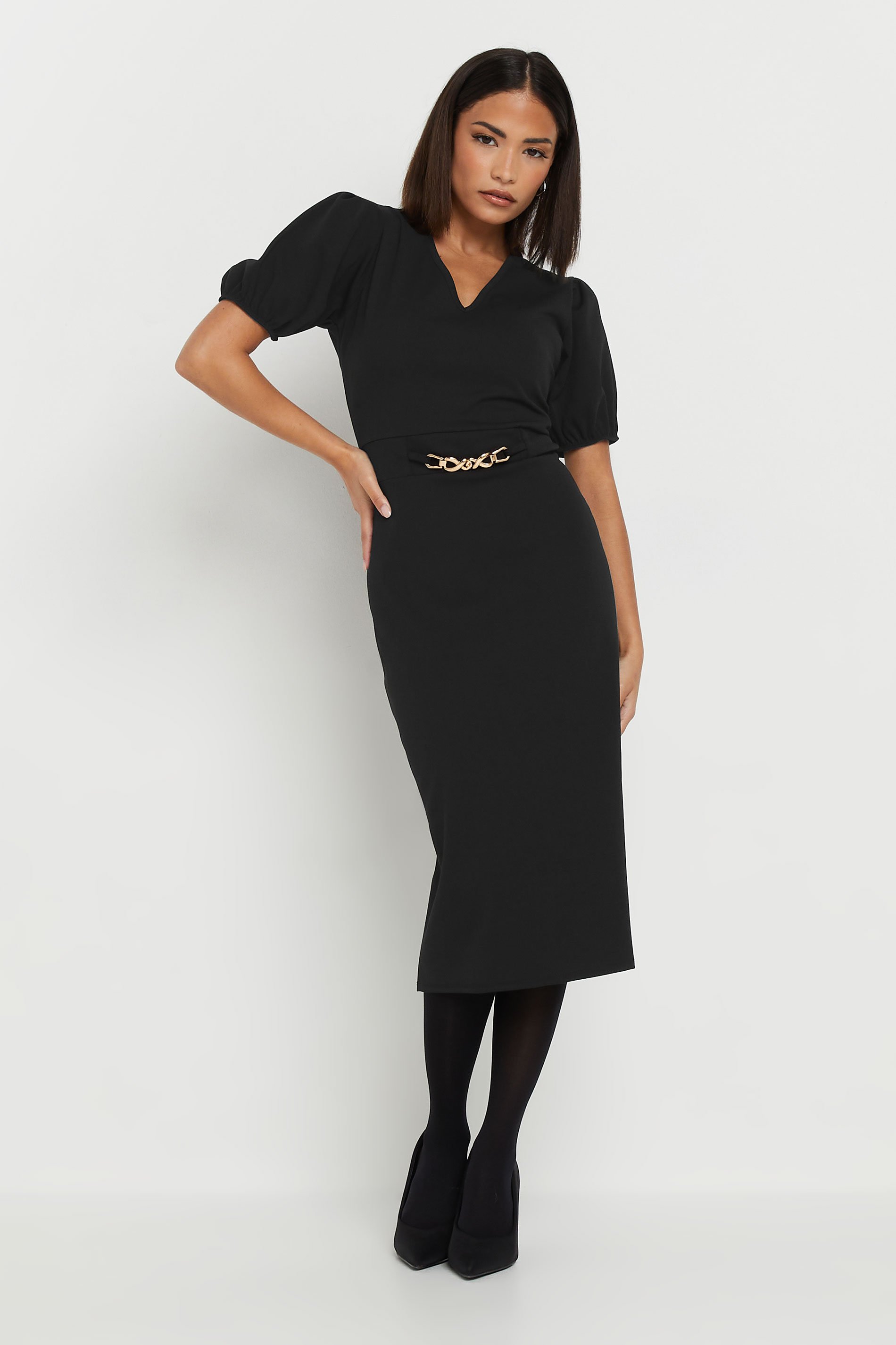 PixieGirl Petite Women's Black Scuba Chain Buckle Dress | PixieGirl 1