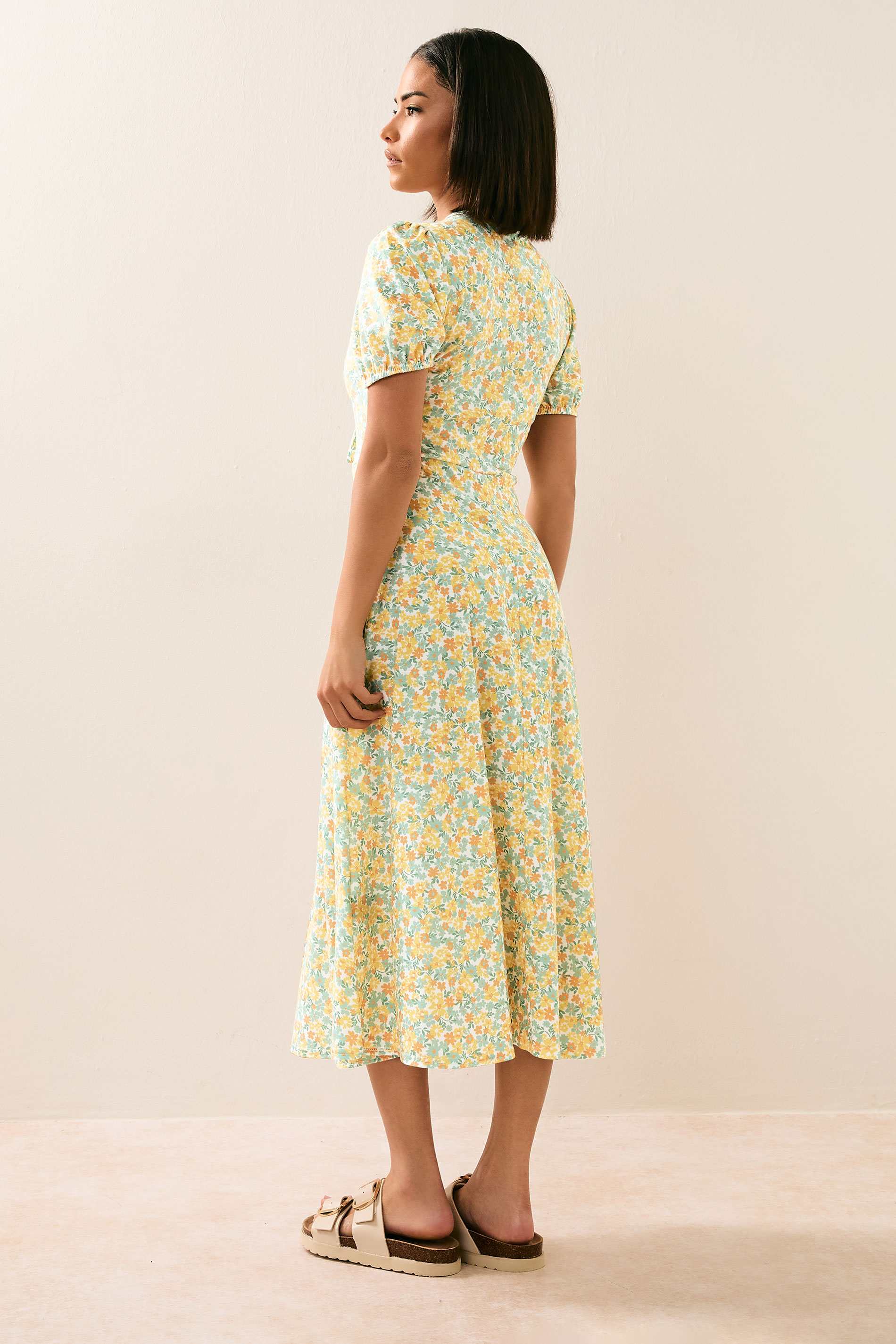 PixieGirl Petite Women's Yellow Ditsy Floral Tie Front Midi Dress | PixieGirl 3
