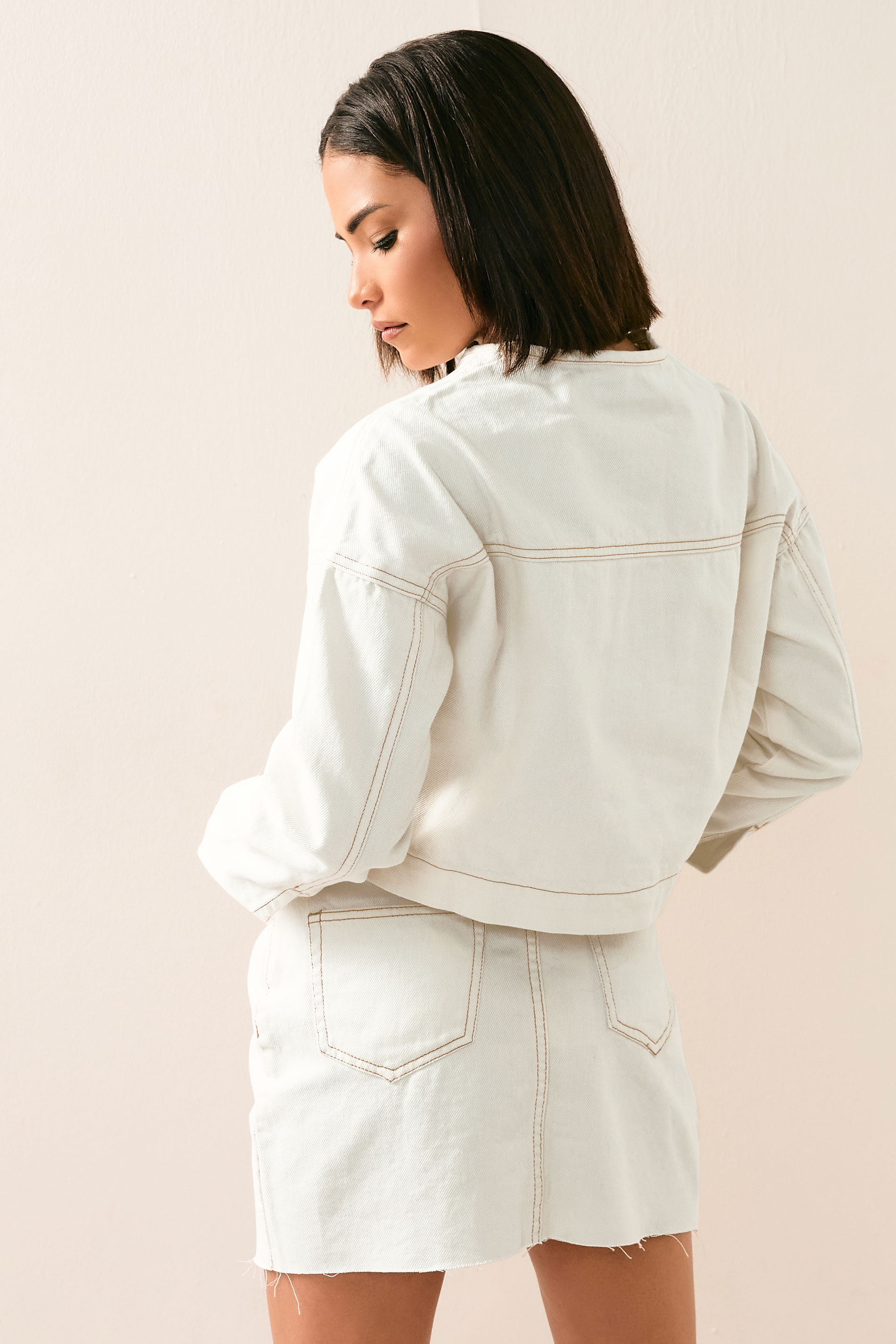 PixieGirl Petite Women's Cream Denim Contrast Stitch Mini Skirt | PixieGirl 3