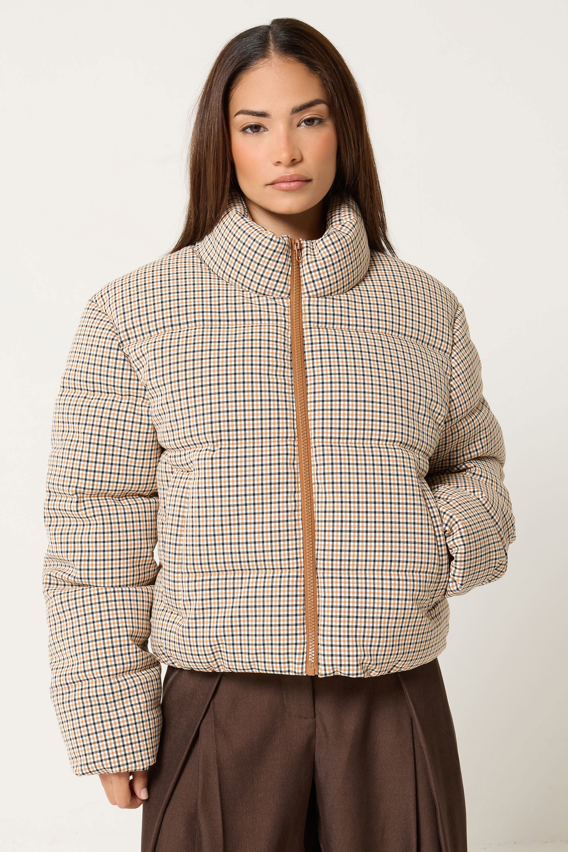 Pixiegirl Women's Brown Petite Natural Check Puffer Jacket Size 8