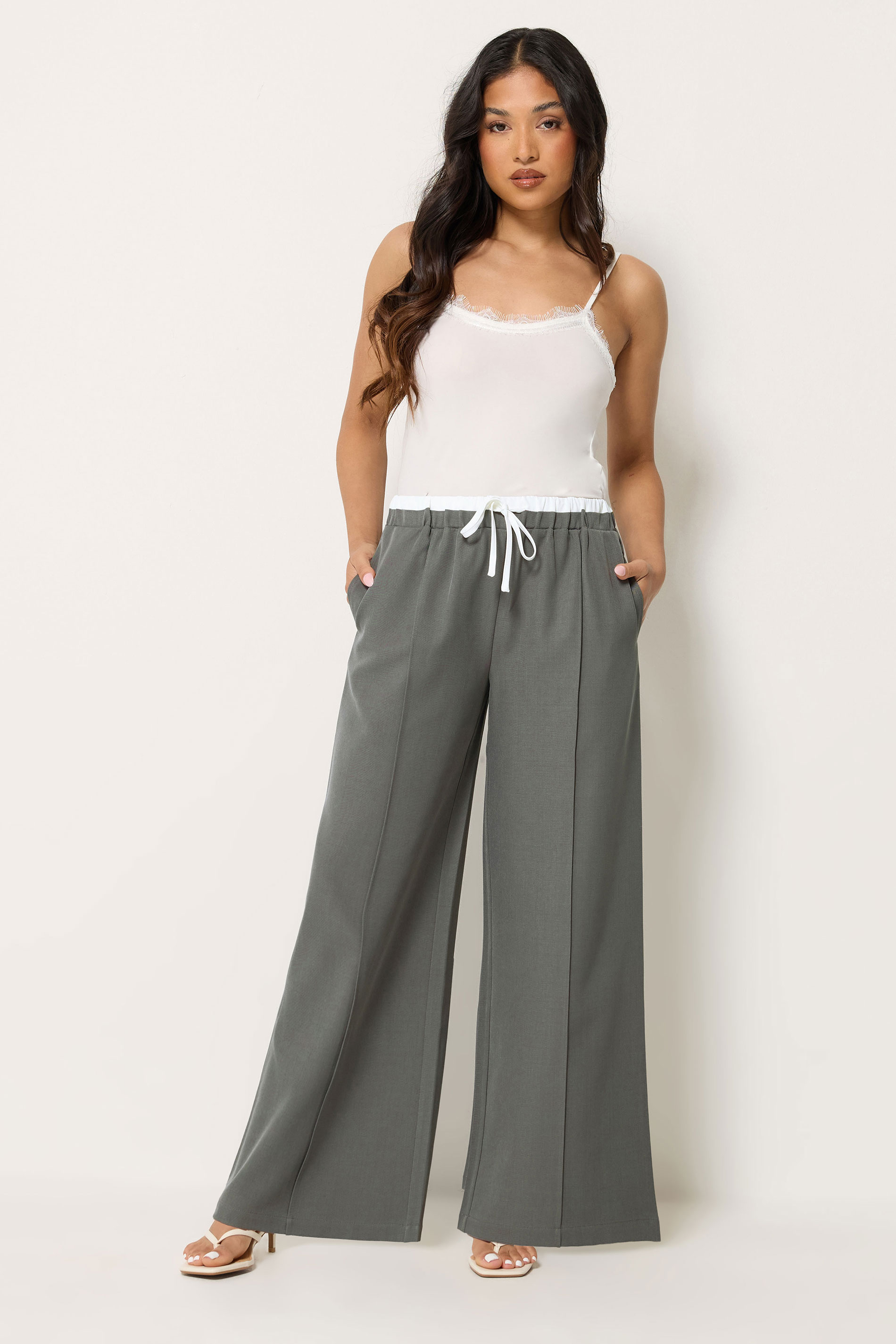 Pixiegirl Women's Grey Petite Contrast Waist Wide Leg Trousers Size Petite > 16